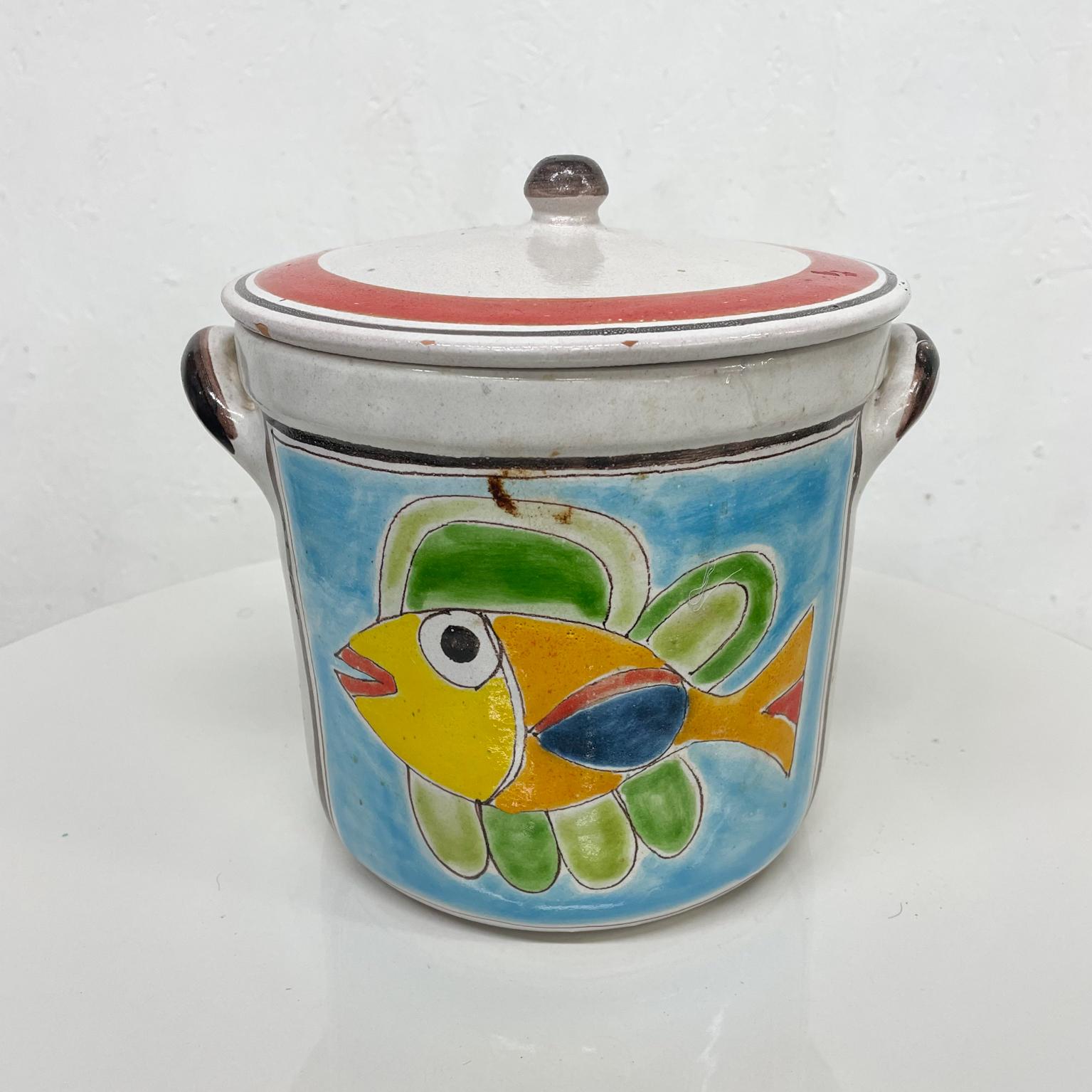 Modern Giovanni Desimone Colorful Pottery Lidded Fish Jar from Palermo Italy, 1988