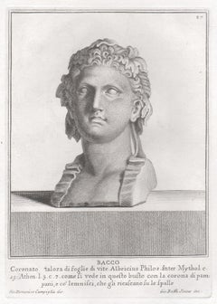 Bacchus, Ancient Roman bust, C18th Grand Tour Classical antique engraving print