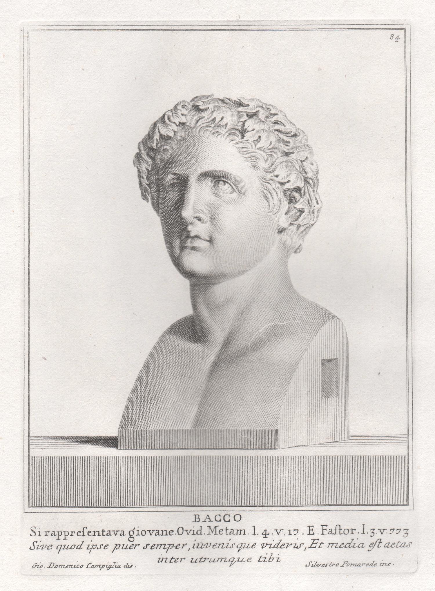Giovanni Domenico Campiglia Portrait Print – Bacchus, antike römische Büste, klassischer antiker Gravurdruck der Grand Tour des 18. Jahrhunderts