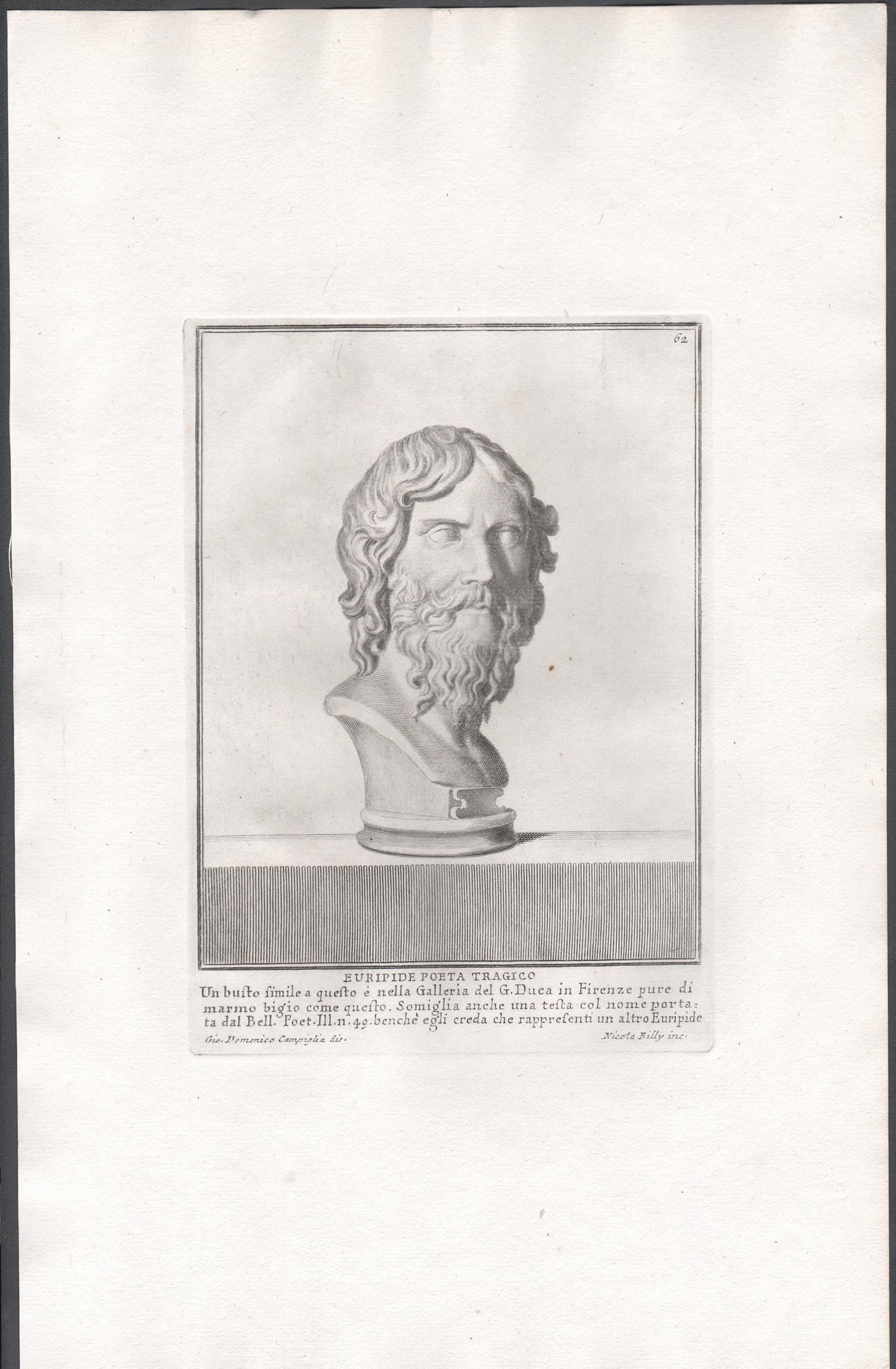 Euripides, Ancient Greek, C18th Grand Tour Classical antique engraving print - Print by Giovanni Domenico Campiglia