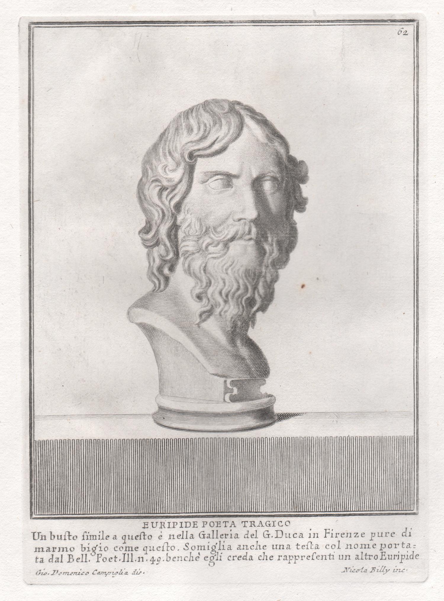Euripide, Greco antico, stampa antica Grand Tour Classica del 18° secolo