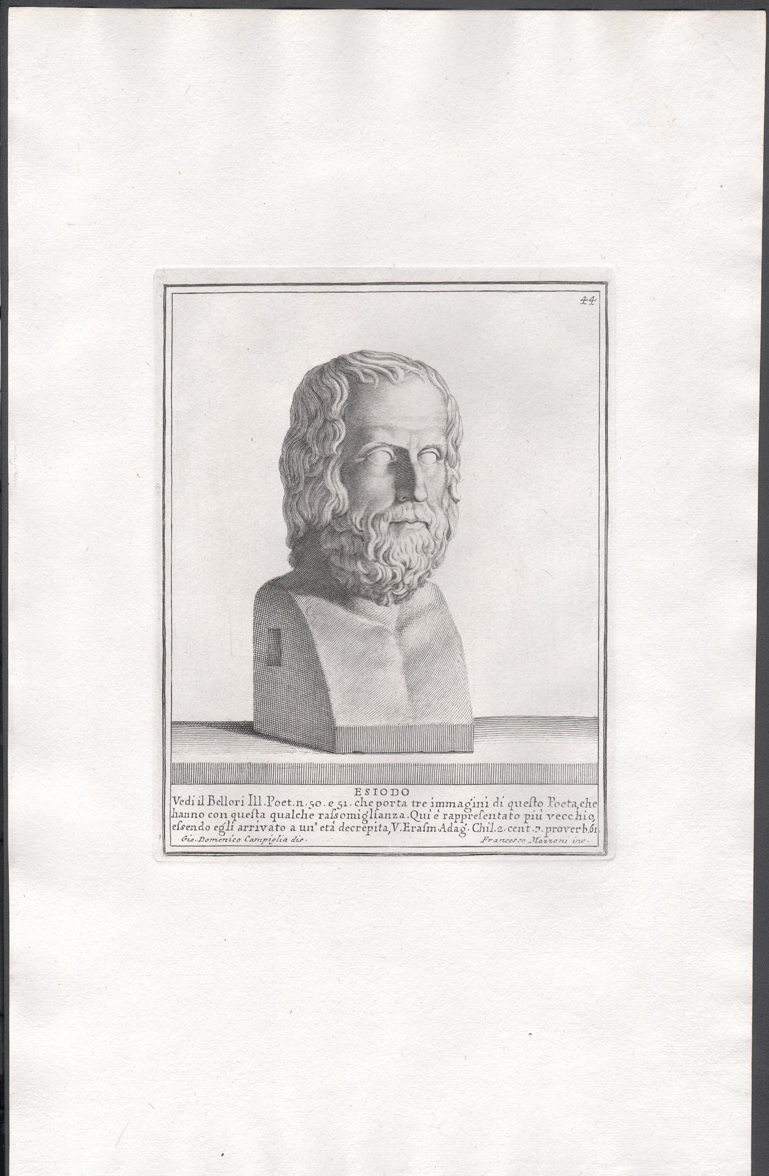 Hesiod, Grèce antique antique, gravure ancienne classique du 18e Grand Tour - Print de Giovanni Domenico Campiglia