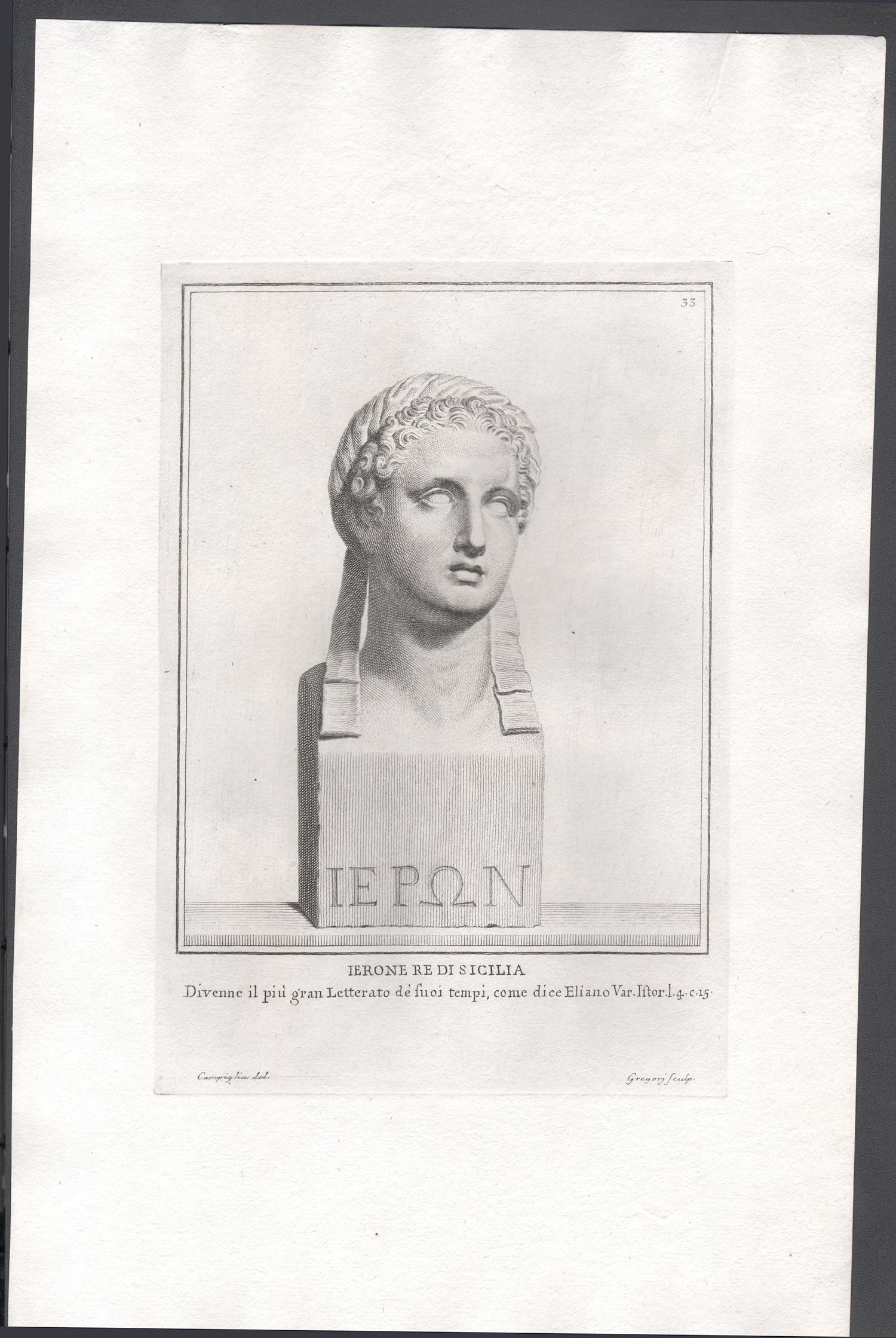 Hiero, buste romain, gravure ancienne classique du 18e Grand Tour - Print de Giovanni Domenico Campiglia