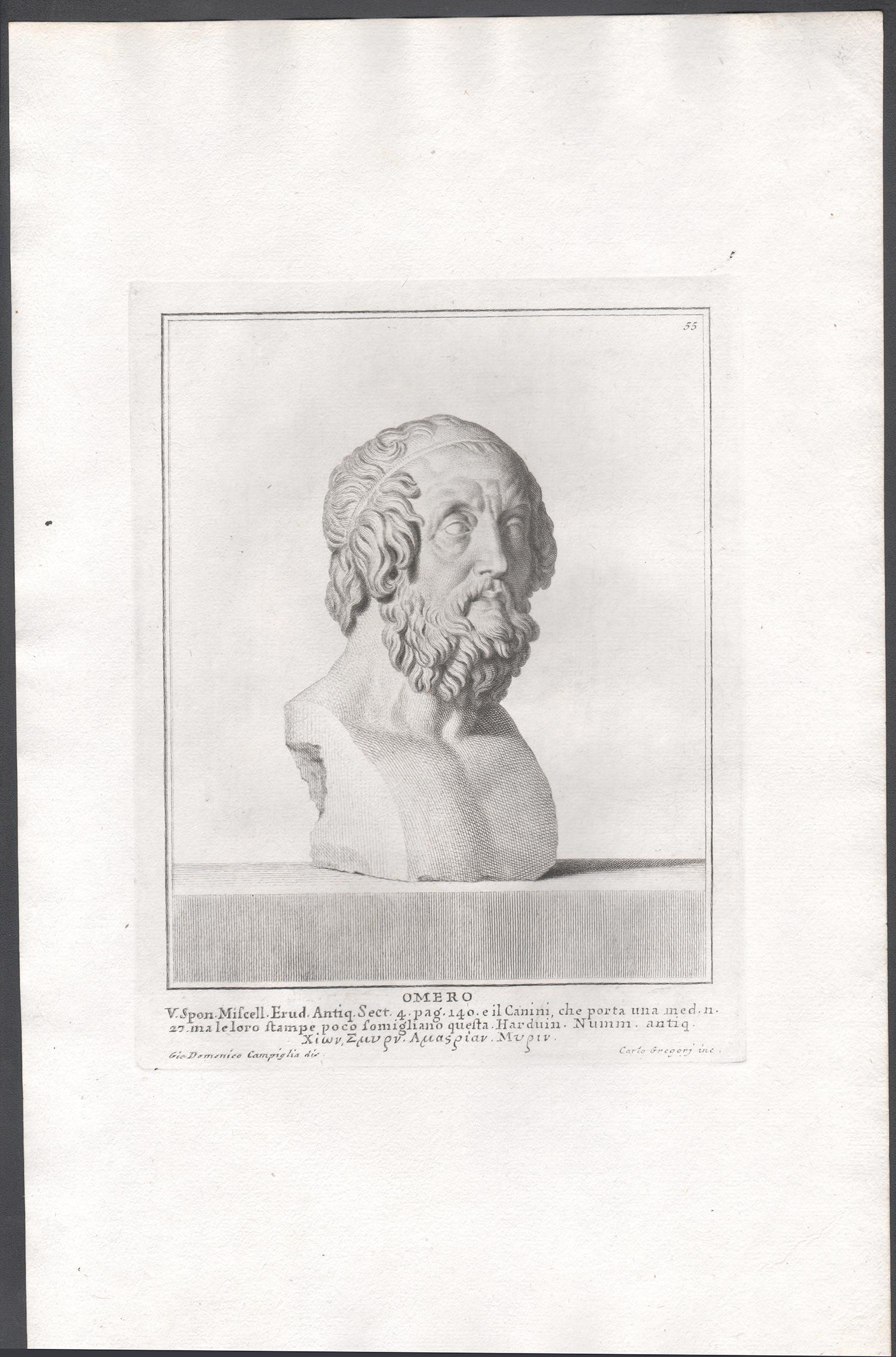 Homer, Ancient Greek, C18th Grand Tour Classical antique engraving print - Print by Giovanni Domenico Campiglia