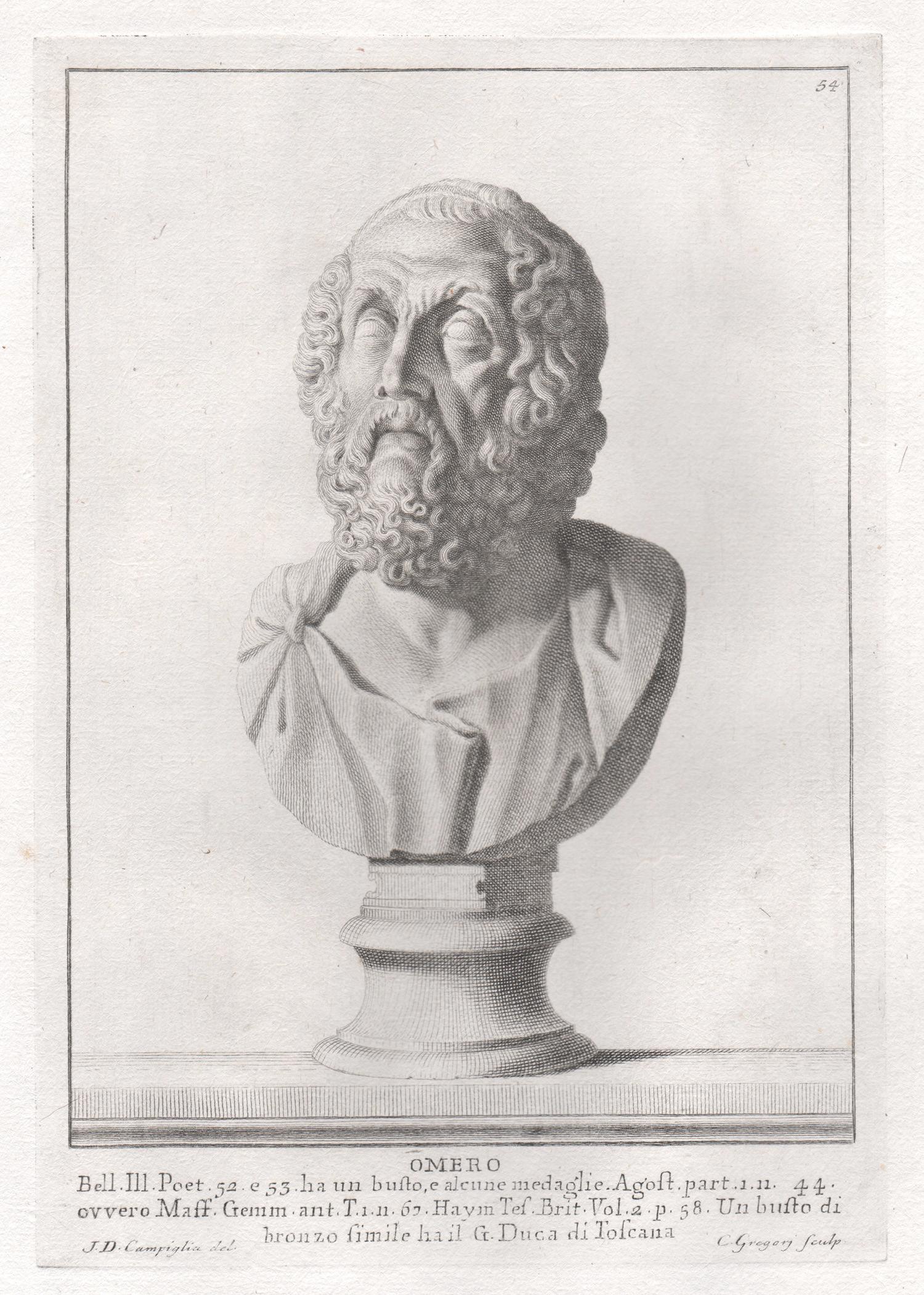 Homer, Ancient Greek, C18th Grand Tour Classical antique engraving print