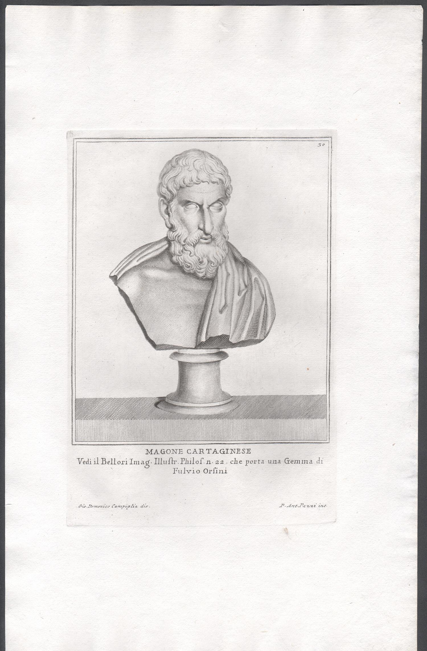 Mago of Carthage, Roman bust, C18th Grand Tour Classical antique engraving print - Print by Giovanni Domenico Campiglia