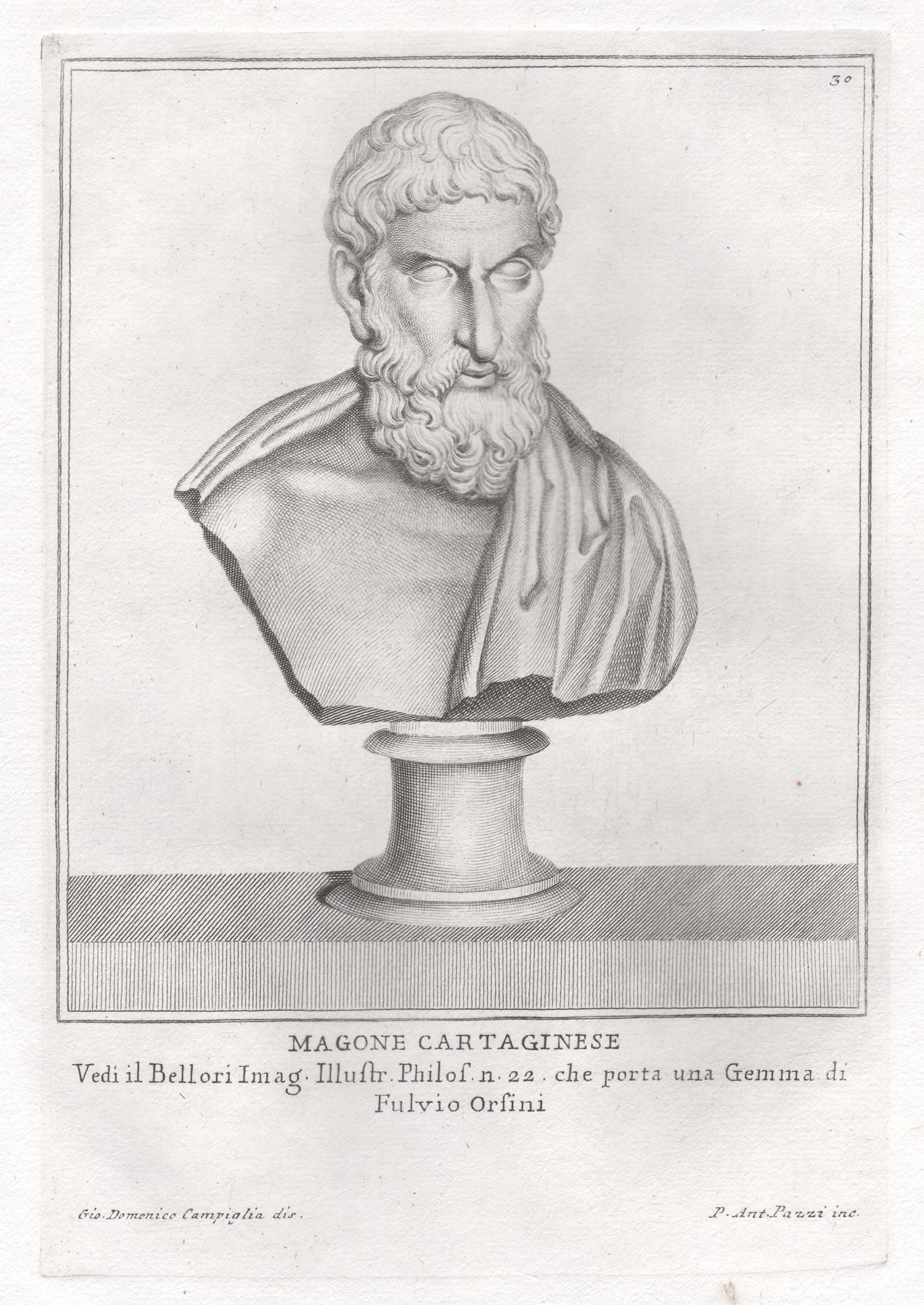 Mago of Carthage, Roman bust, C18th Grand Tour Classical antique engraving print
