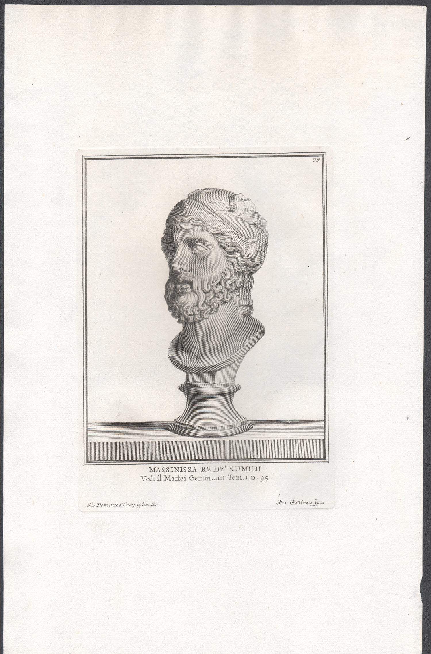 Masinissa, King of Nubia, C18th Grand Tour Classical antique engraving print - Print by Giovanni Domenico Campiglia