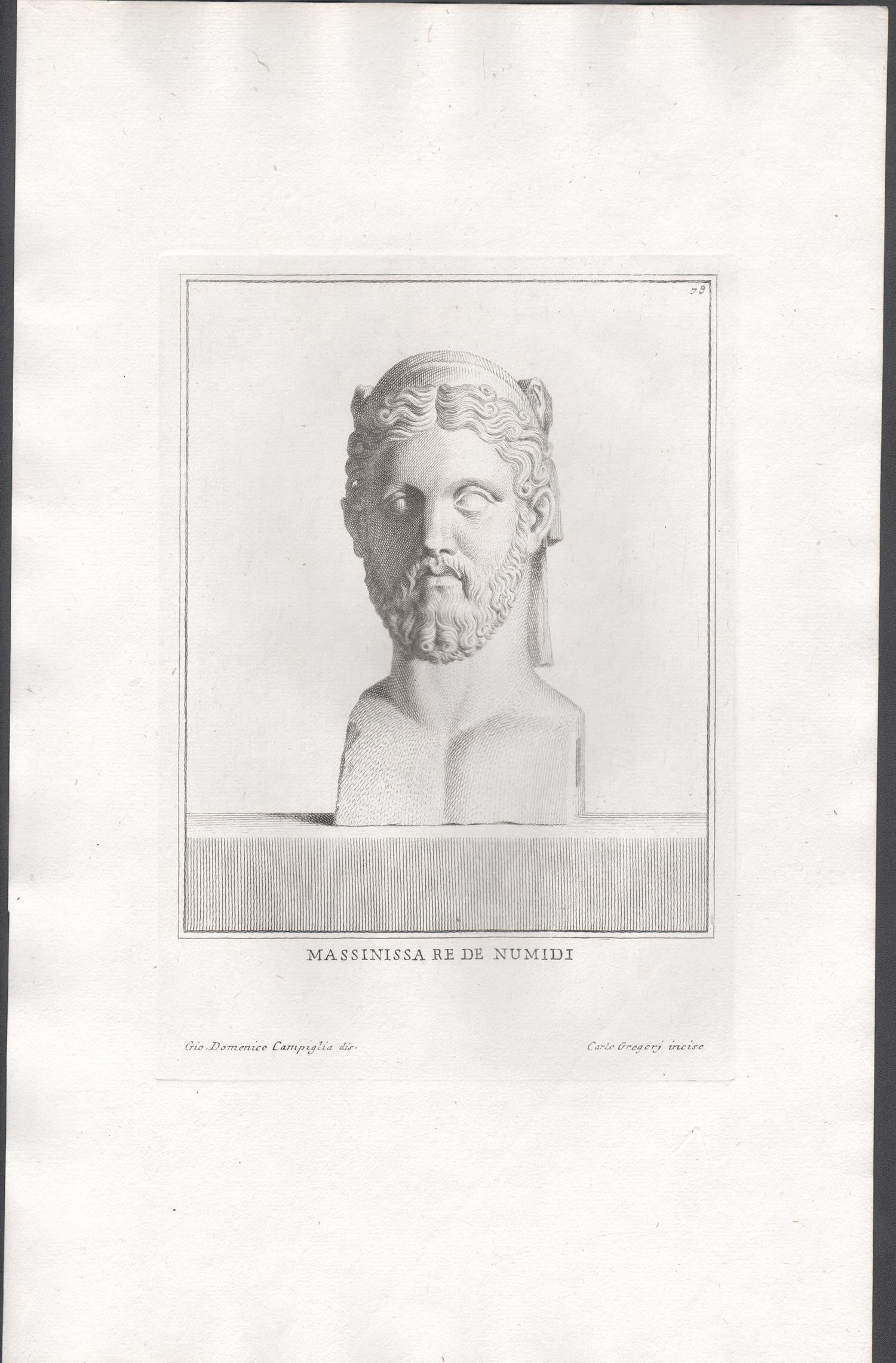 Masinissa, King of Nubia, C18th Grand Tour Classical antique engraving print - Print by Giovanni Domenico Campiglia