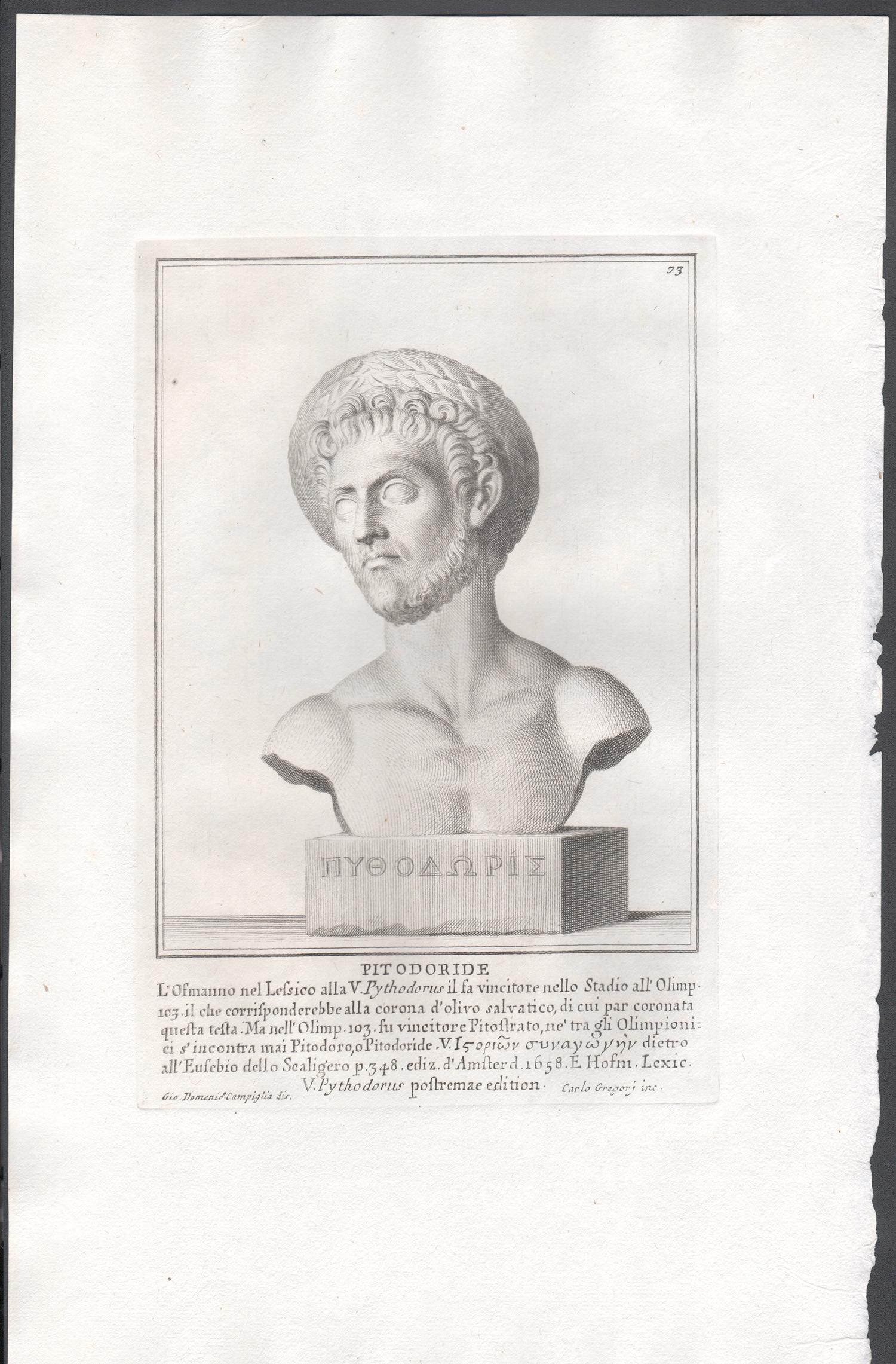 Pithodoris, Roman bust, C18th Grand Tour Classical antique engraving print - Print by Giovanni Domenico Campiglia