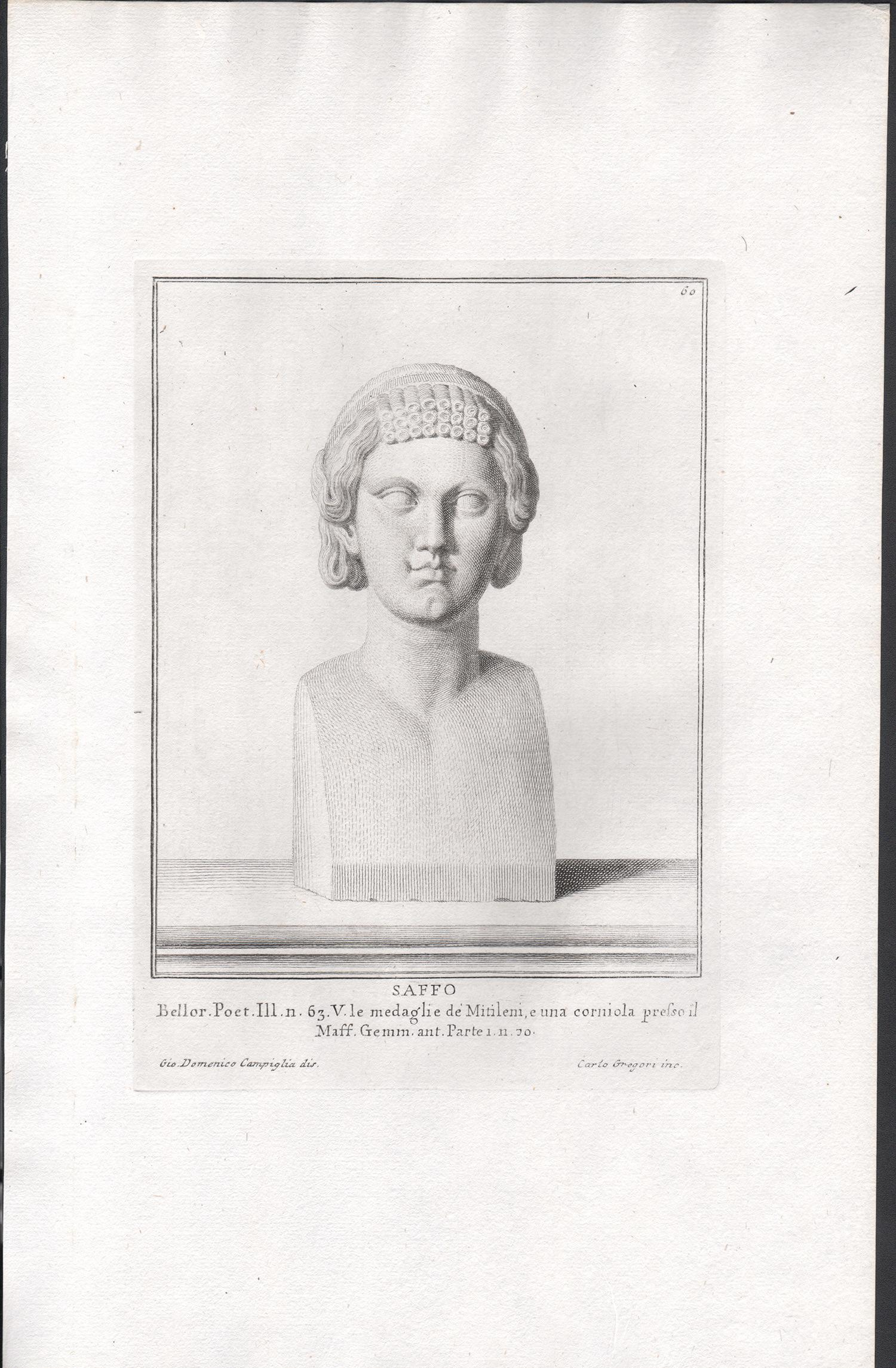 Sappho, poet, Ancient Greek, C18th Grand Tour Classical antique engraving print - Print by Giovanni Domenico Campiglia