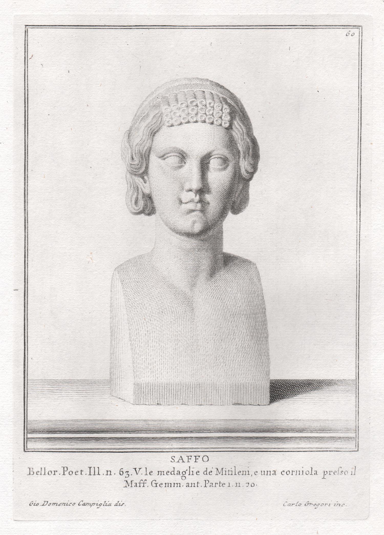 Giovanni Domenico Campiglia Portrait Print - Sappho, poet, Ancient Greek, C18th Grand Tour Classical antique engraving print