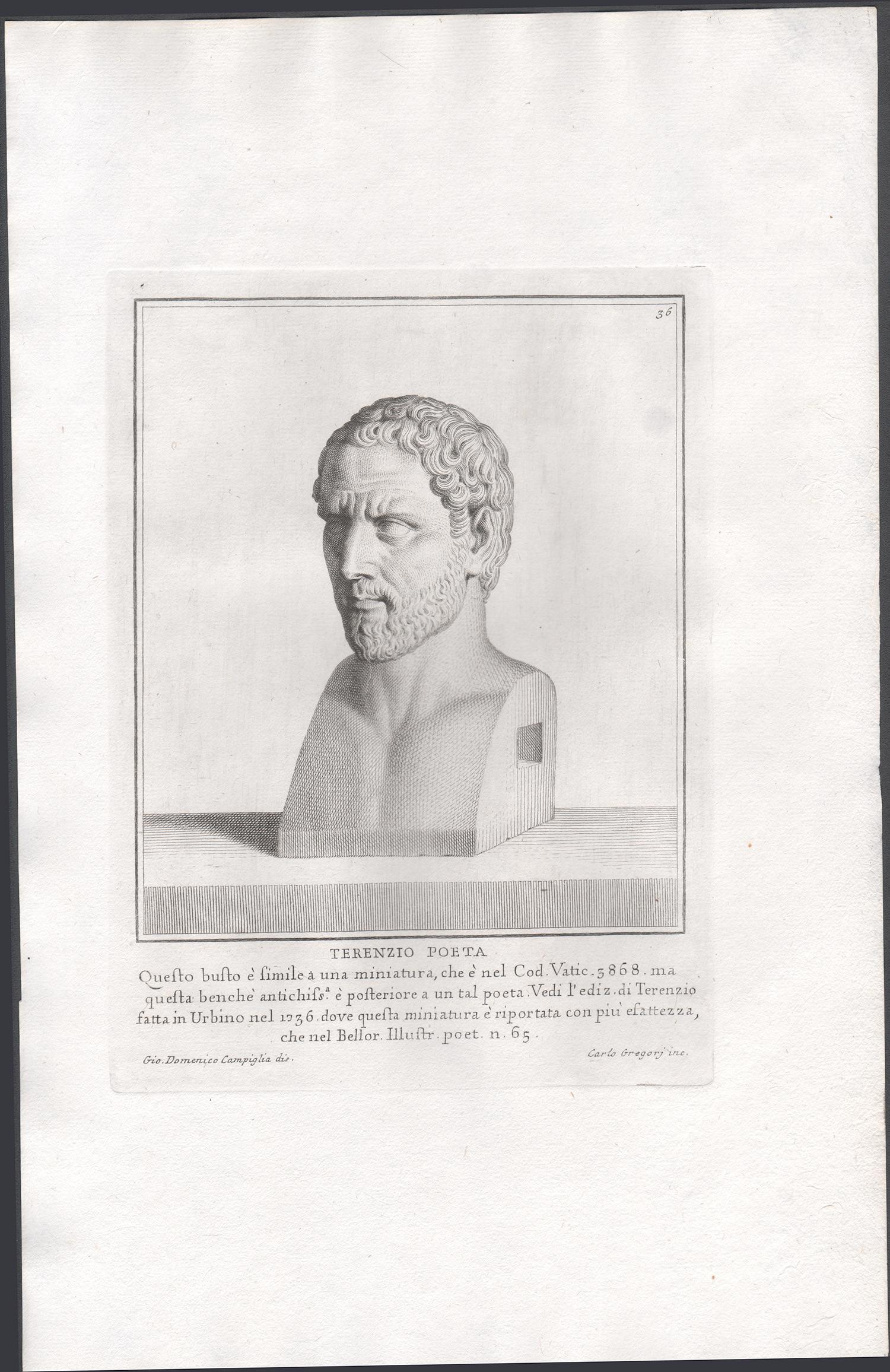 Terencio, romano antiguo, grabado antiguo del Gran Tour Clásico del siglo XVIII - Print de Giovanni Domenico Campiglia