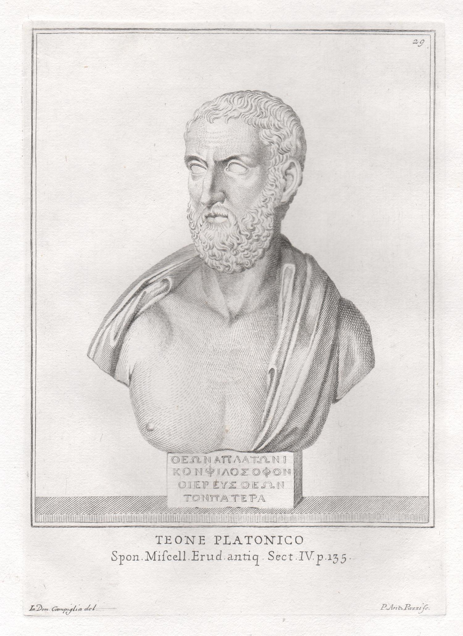 Giovanni Domenico Campiglia Portrait Print - Theon, Ancient Greek philosopher, C18th Classical antique engraving print
