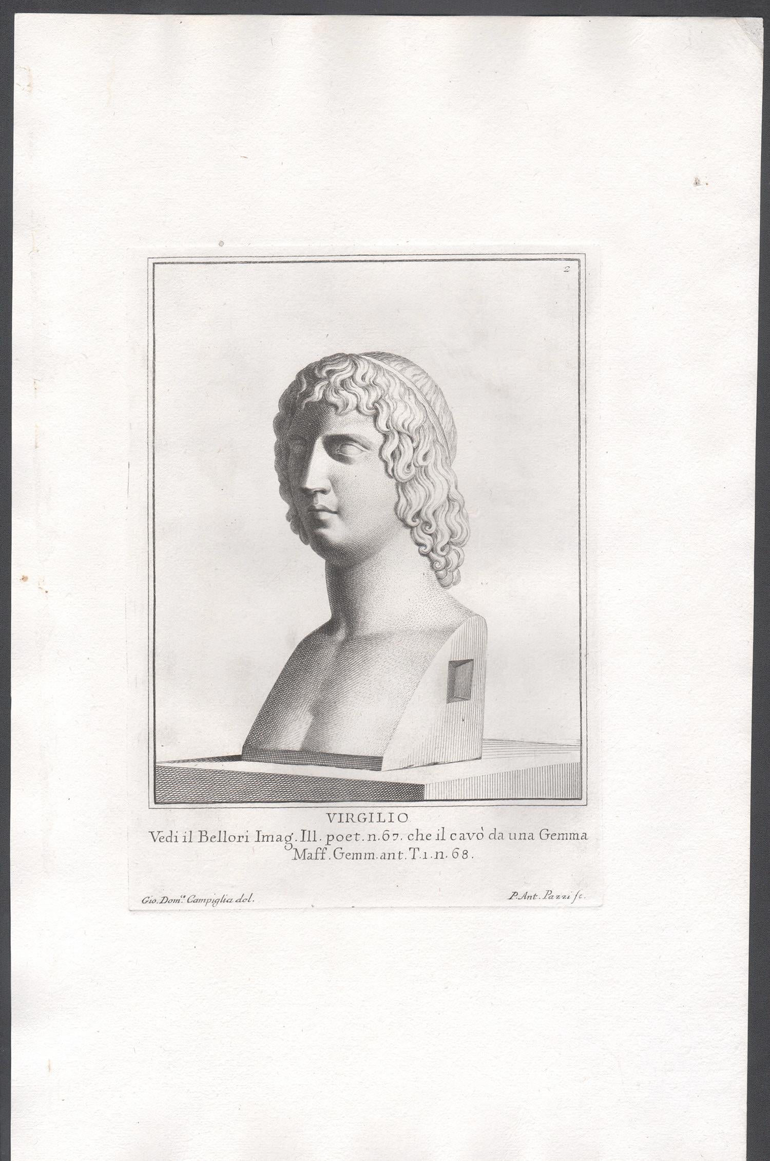 Virgil, ancien romain, gravure ancienne classique du 18e Grand Tour de l'époque - Print de Giovanni Domenico Campiglia