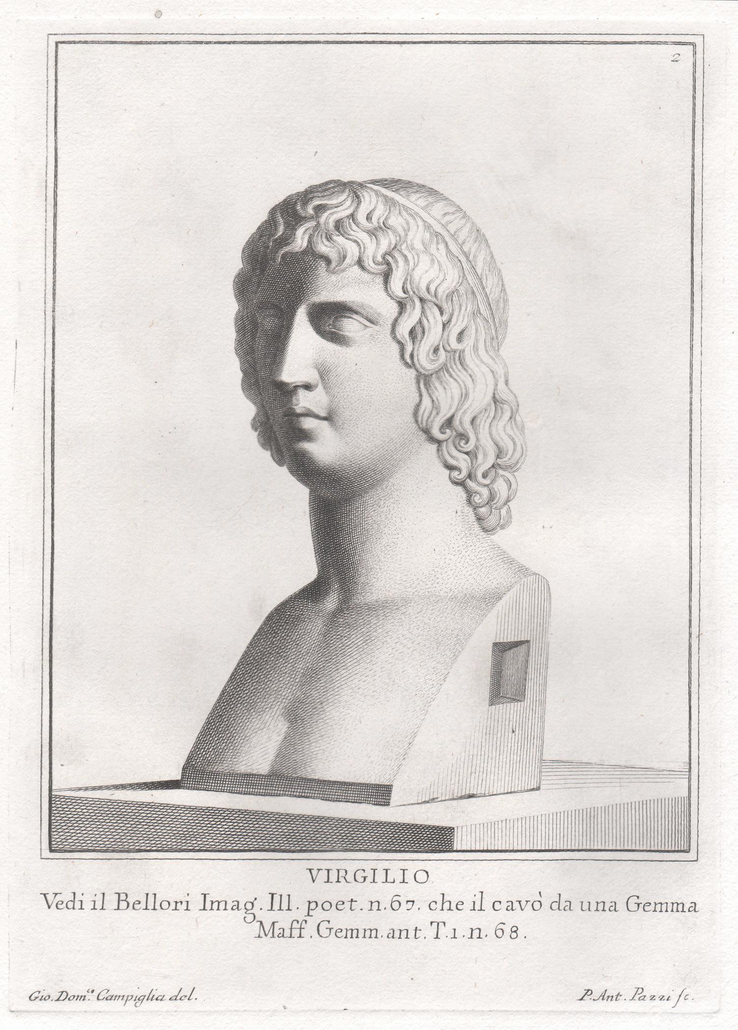 Portrait Print Giovanni Domenico Campiglia - Virgil, ancien romain, gravure ancienne classique du 18e Grand Tour de l'époque