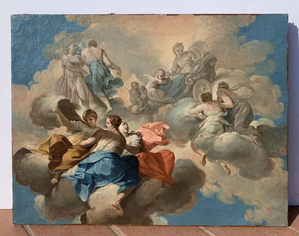 Giovanni Domenico Ferretti, known as L'Imola (Florence 1692 - Florence 1768) - Sketch with mythological allegory.

52 x 66 cm without frame, 64 x 78.5 cm with frame.

Antique oil painting on canvas, in a carved and gilded wooden frame.

- We thank