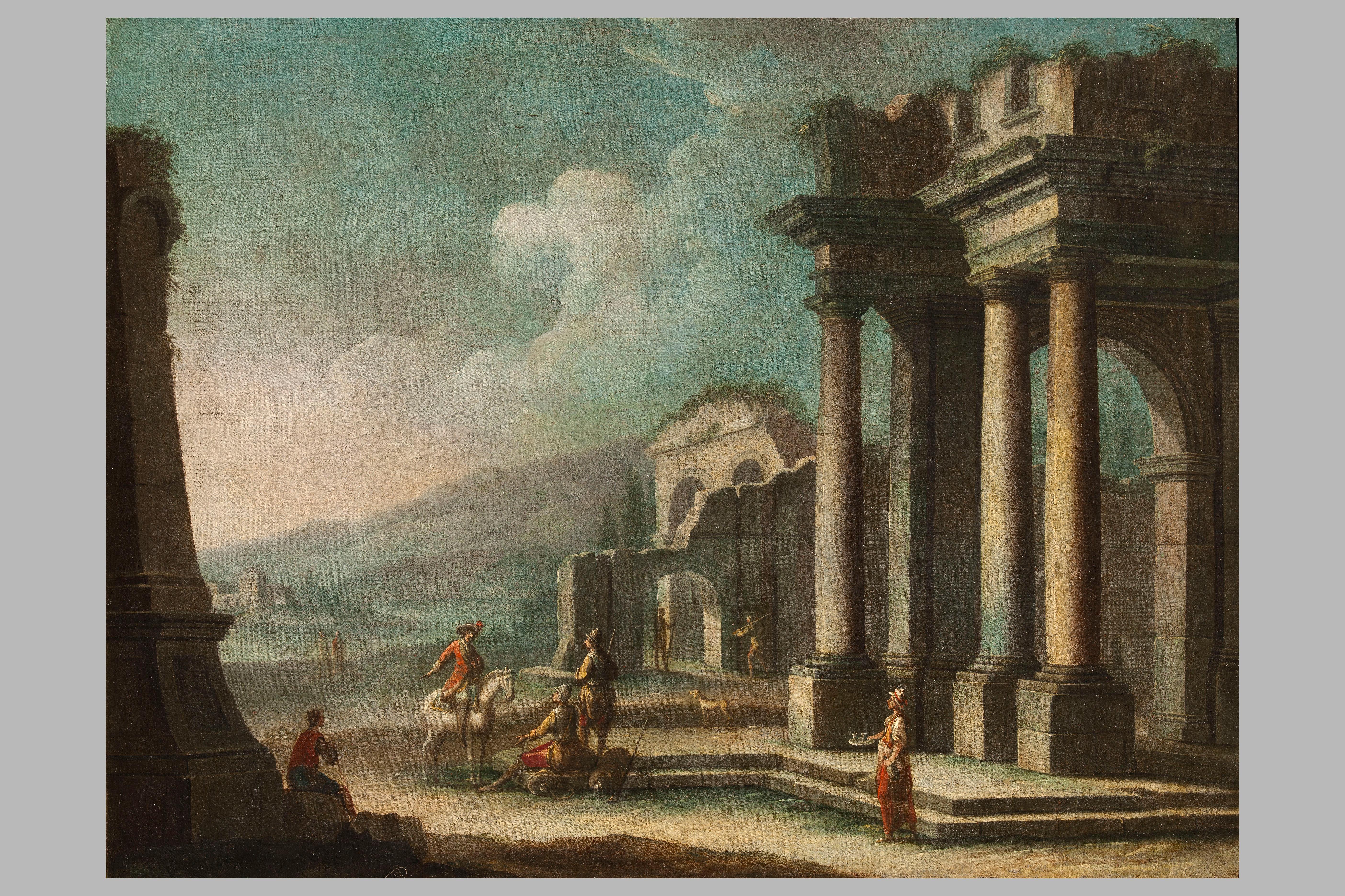 Der Preis ist für das Gemäldepaar bestimmt.


Gutachten von Prof. Giancarlo Sestieri.

Dieses Gemäldepaar von Giovanni Domenico Gambone (1720 - 1793) stellt ein architektonisches Capriccio mit archäologischen Ruinen und Menschen dar, die miteinander