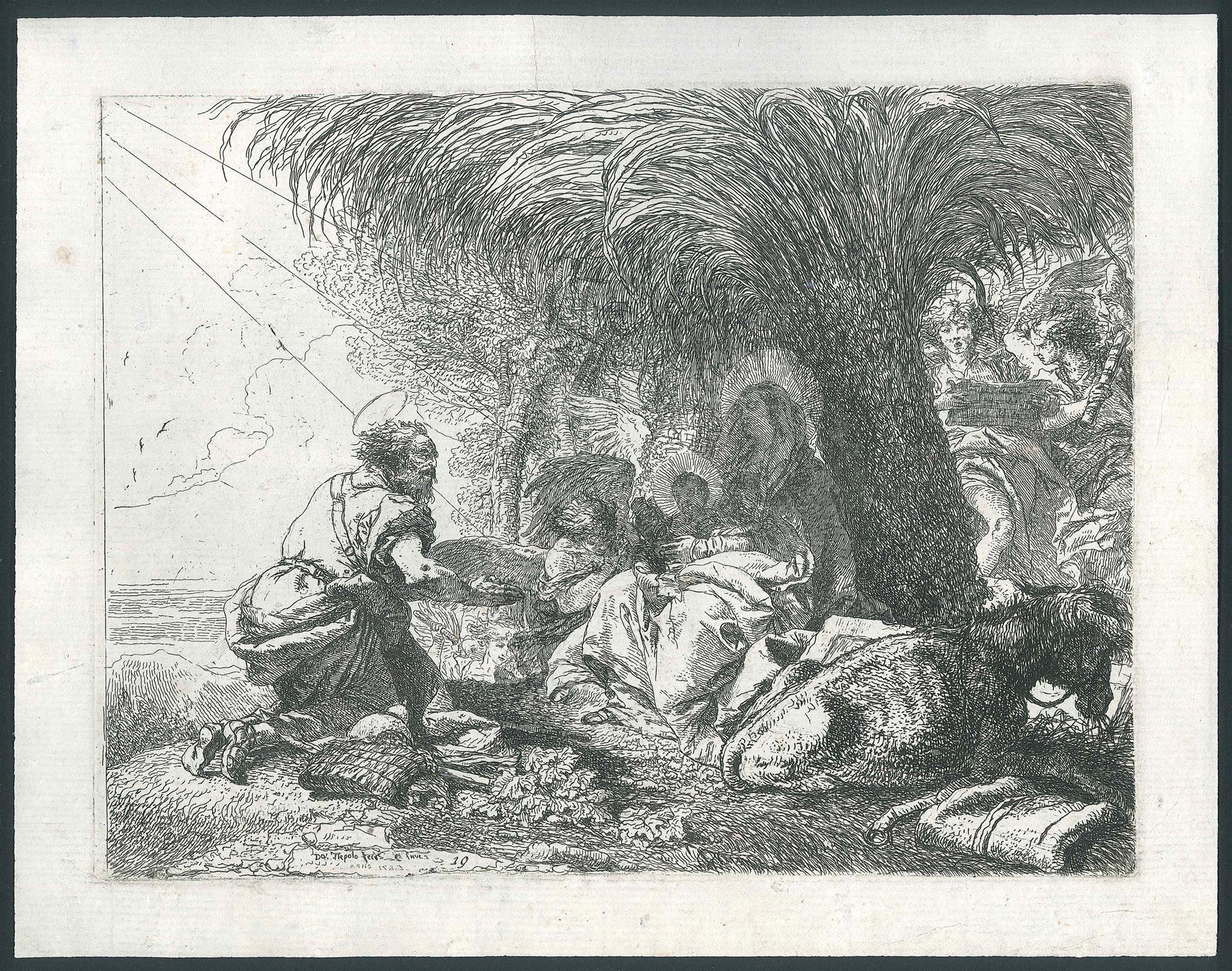 Giovanni Domenico Tiepolo Figurative Print – Giuseppe Adora il Bambino sotto una Palma – Radierung von G.D. Tiepolo