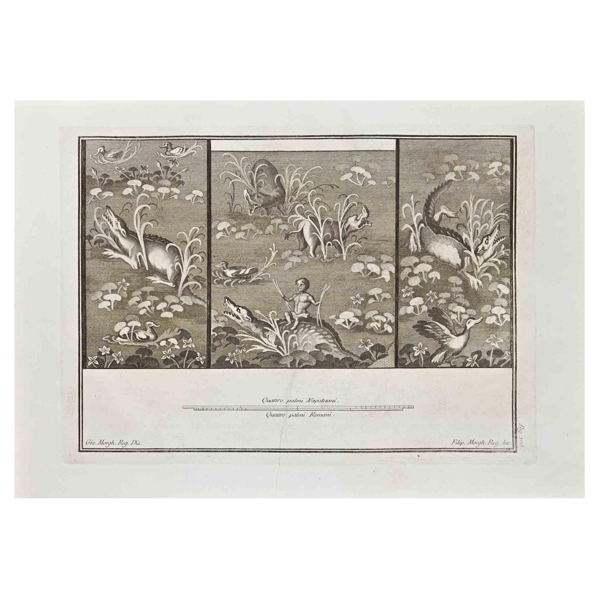 Antiguo Fresco Romano Herculano - Aguafuerte G. Morghen  - Siglo XVIII