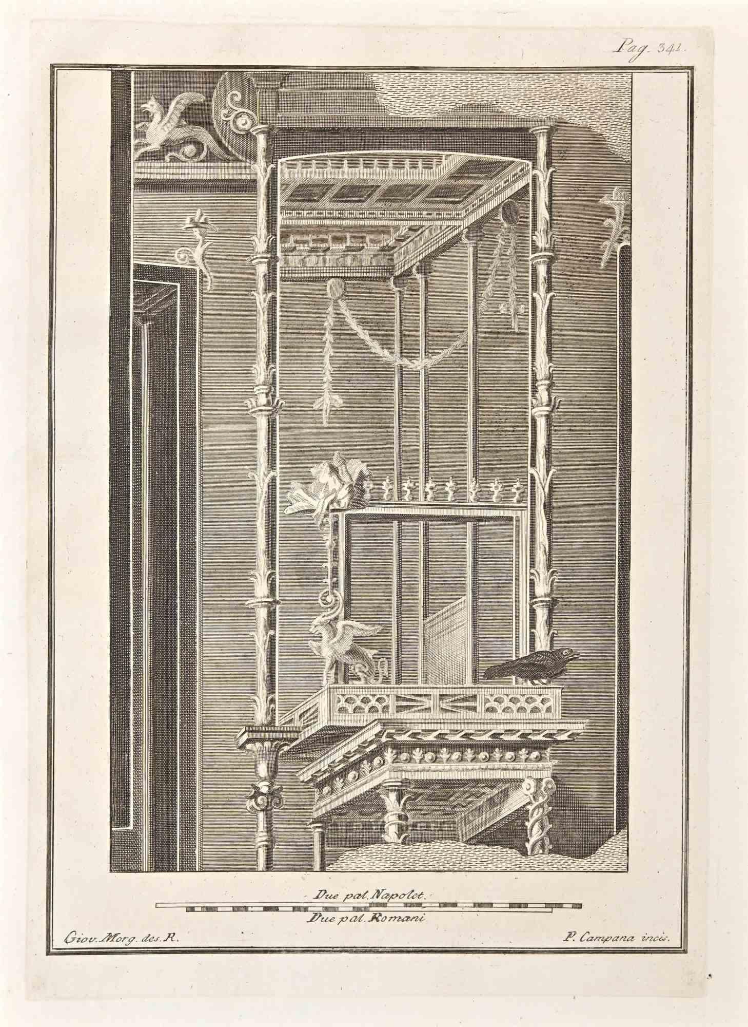 Figurative Print Giovanni Elia Morghen - Ancienne gravure romaine Fresco Herculaneum de G. Morghen  - 18ème siècle