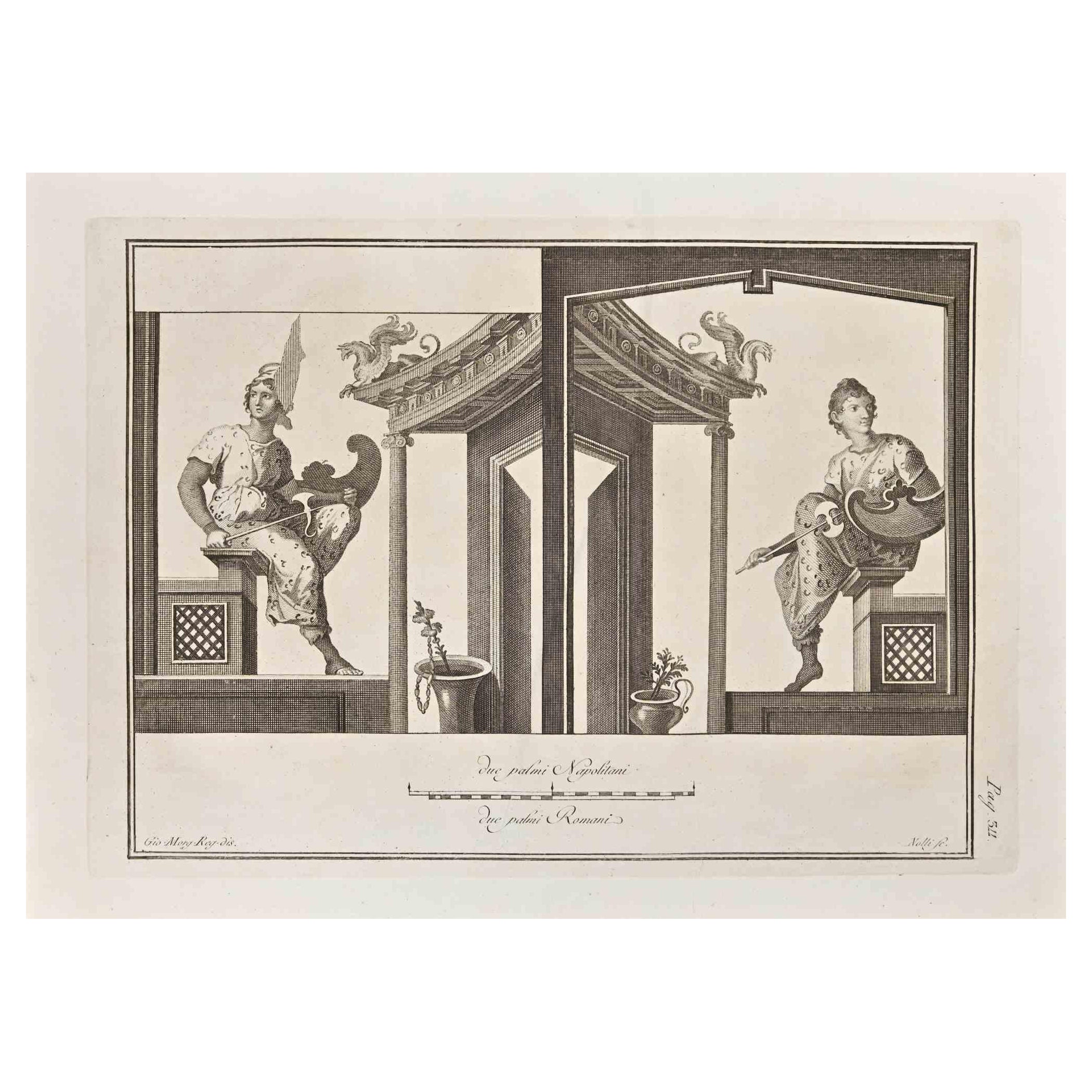 Ancient Roman Fresco Herculaneum - Original Etching G. Morghen  - 18th Century