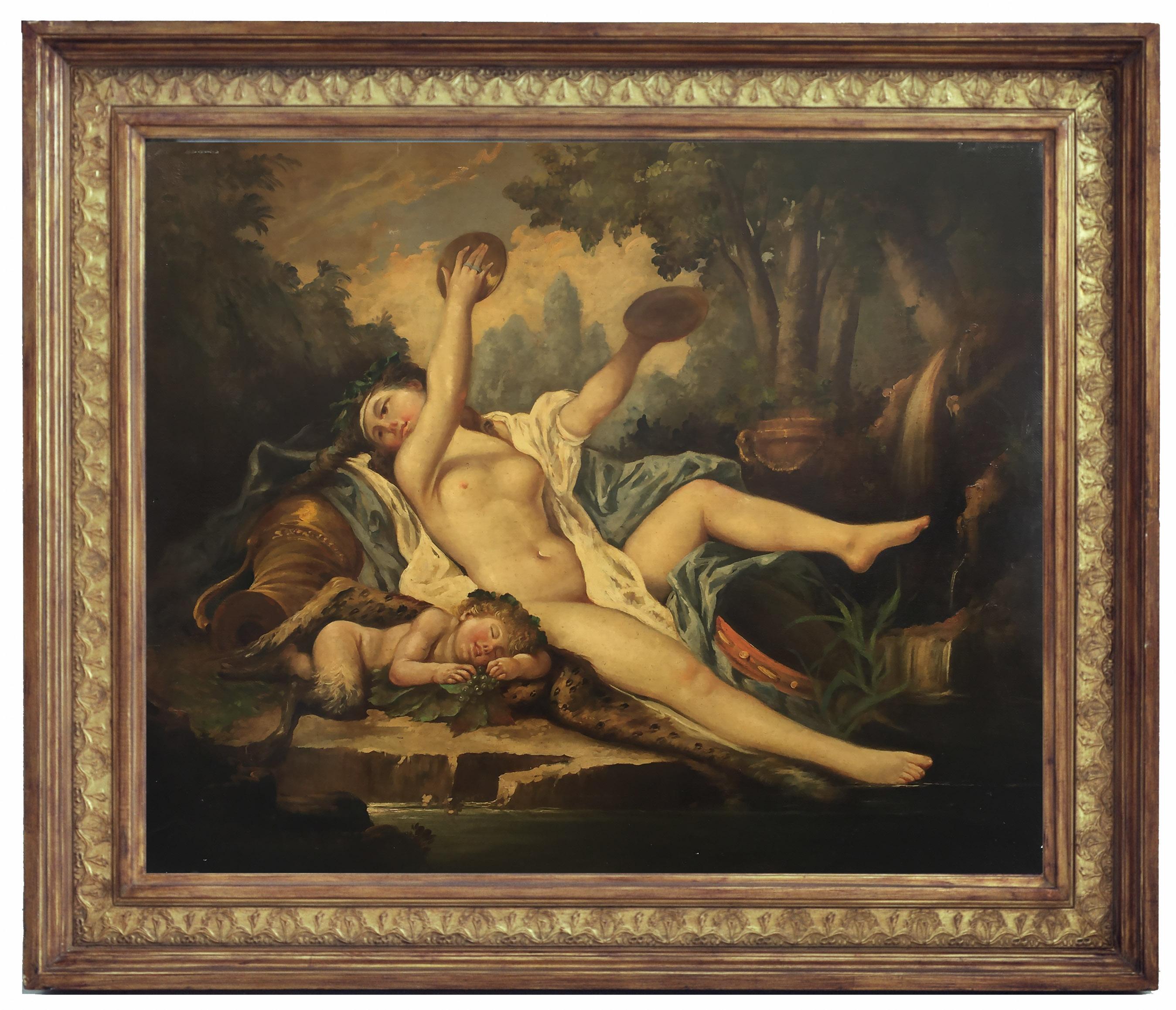 Allegorical Scene - Giovanni Faliero Italia 2009 - Oil on canvas cm. 90x110. 
Gold leaf gilded wooden frame available on request
This beautiful oil on canvas is the personal reinterpretation of the magnificent painting “Bacchant playing the Cymbals”