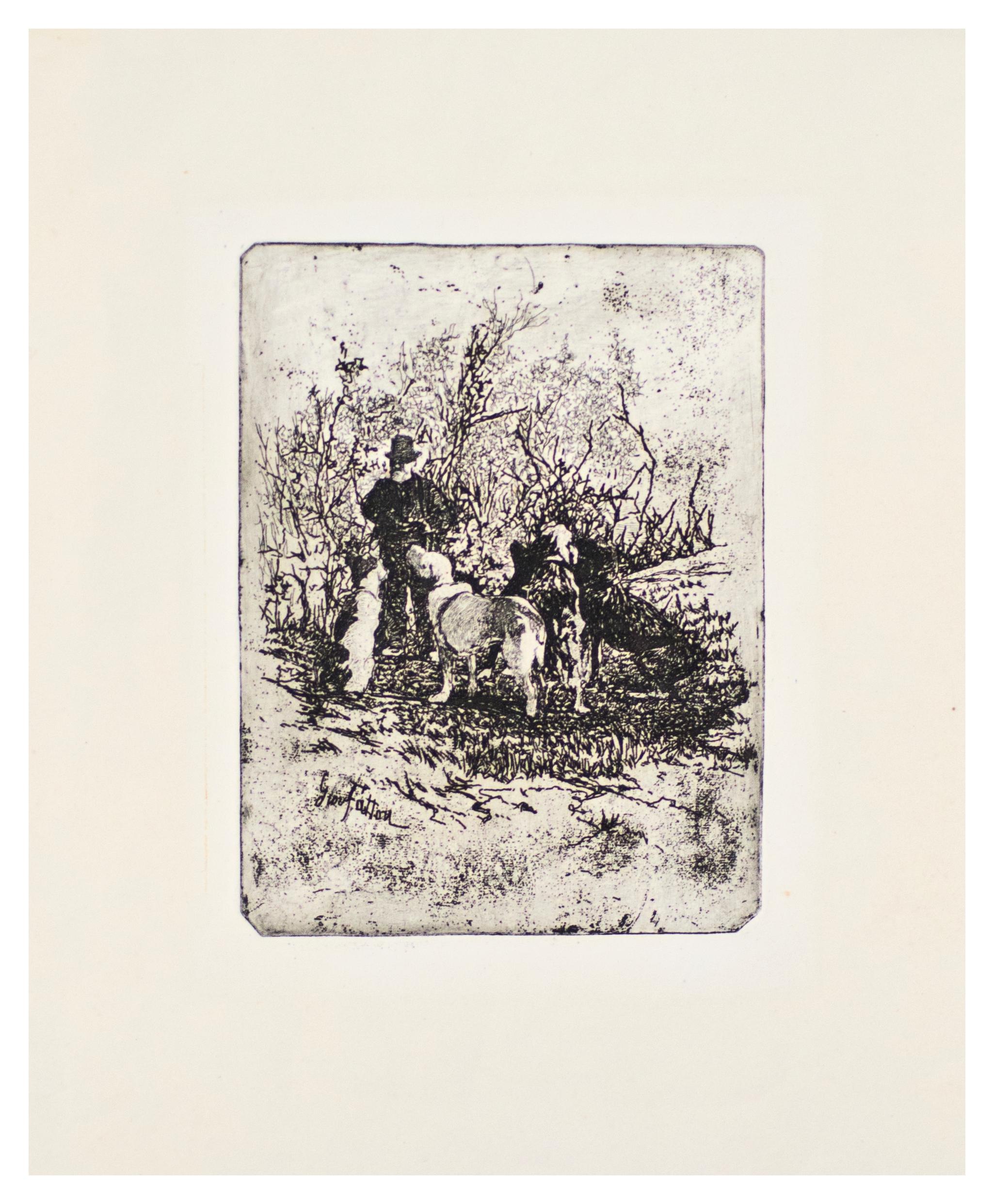 Diego Martelli and his Dogs - Original Etching by Giovanni Fattori - 1896 ca. 1