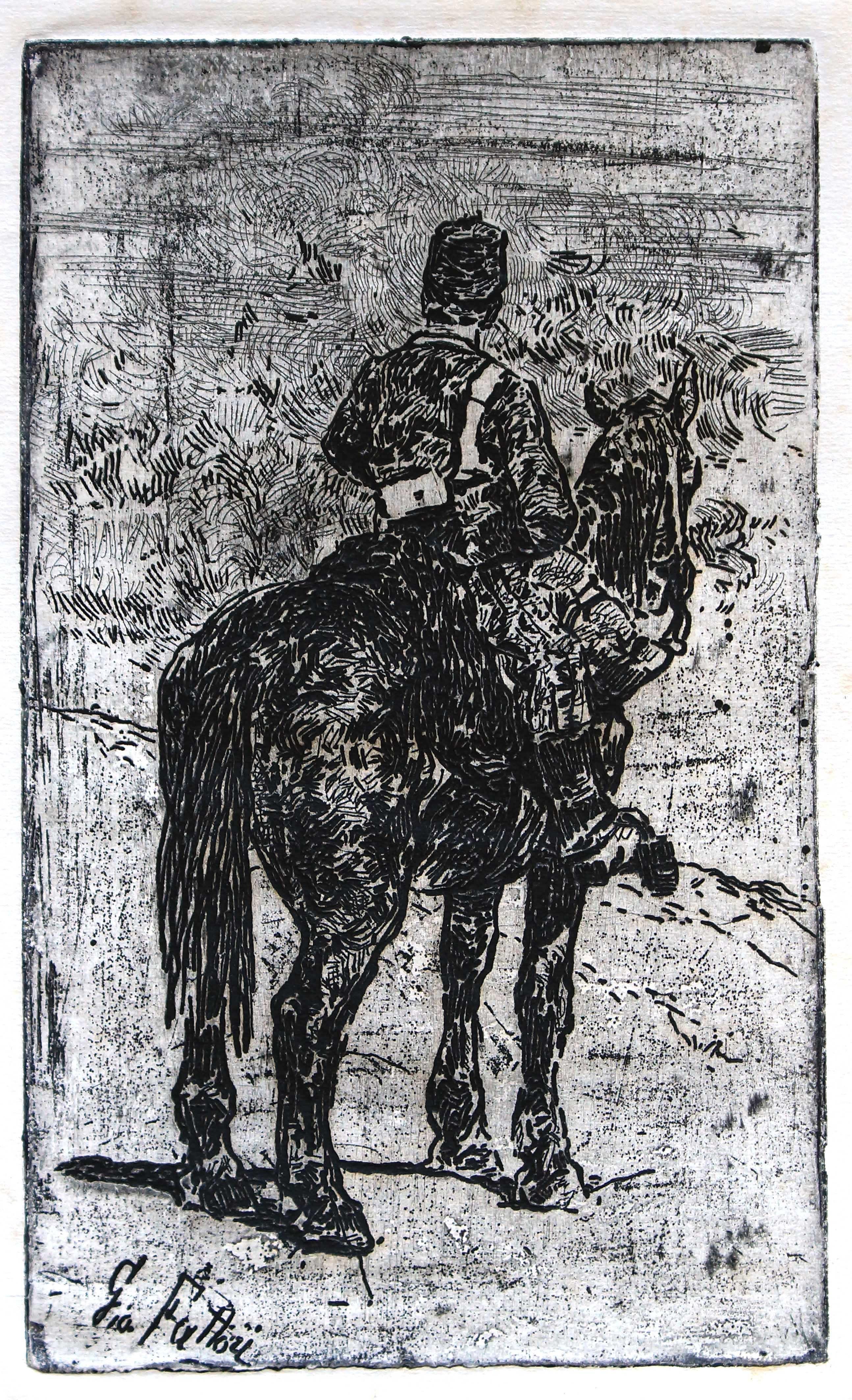 Gunner Riding - eau-forte originale de Giovanni Fattori - 1900 environ en vente 2