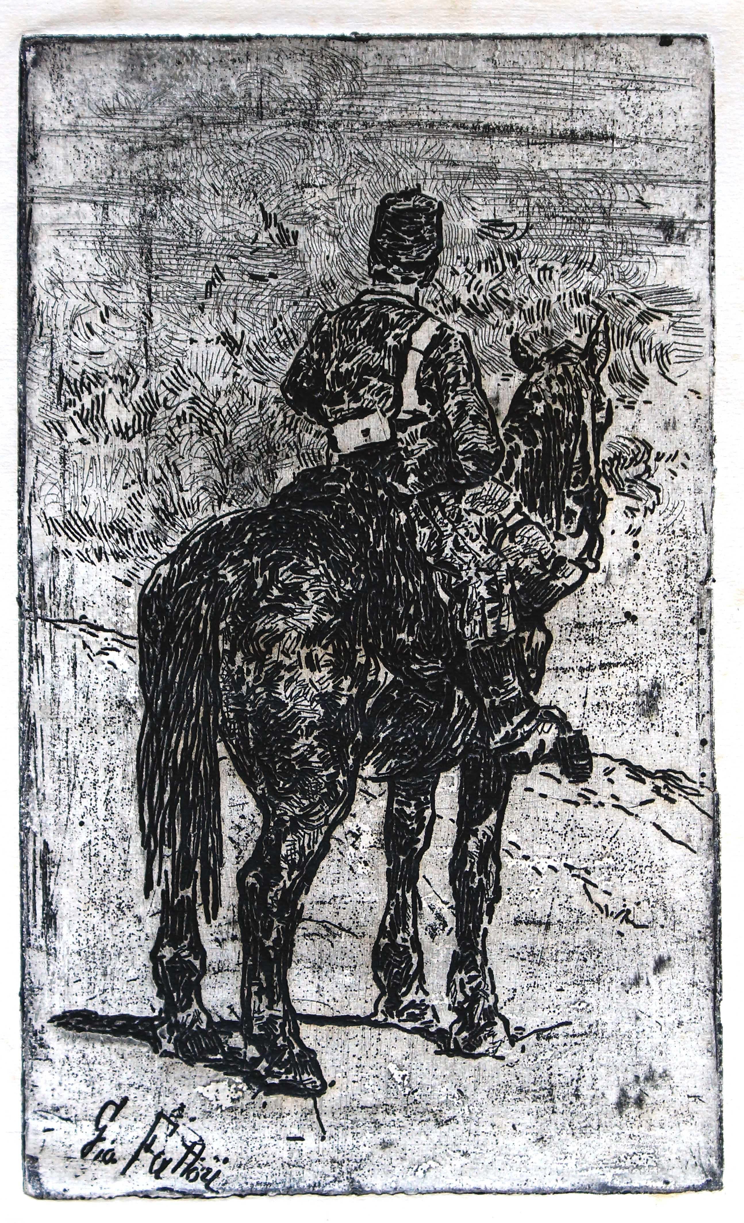 Gunner Riding - eau-forte originale de Giovanni Fattori - 1900 environ