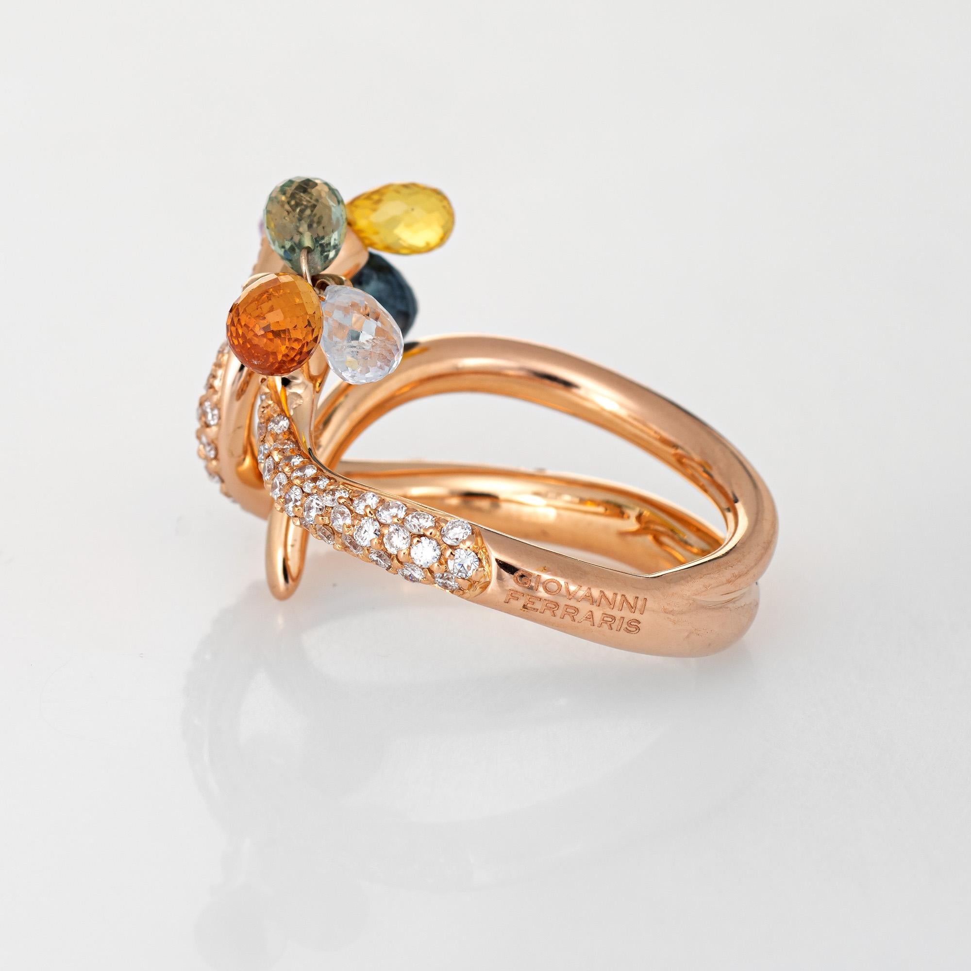 Briolette Cut Giovanni Ferraris Pave Diamond Ring Rainbow Sapphires 18k Rose Gold Estate For Sale