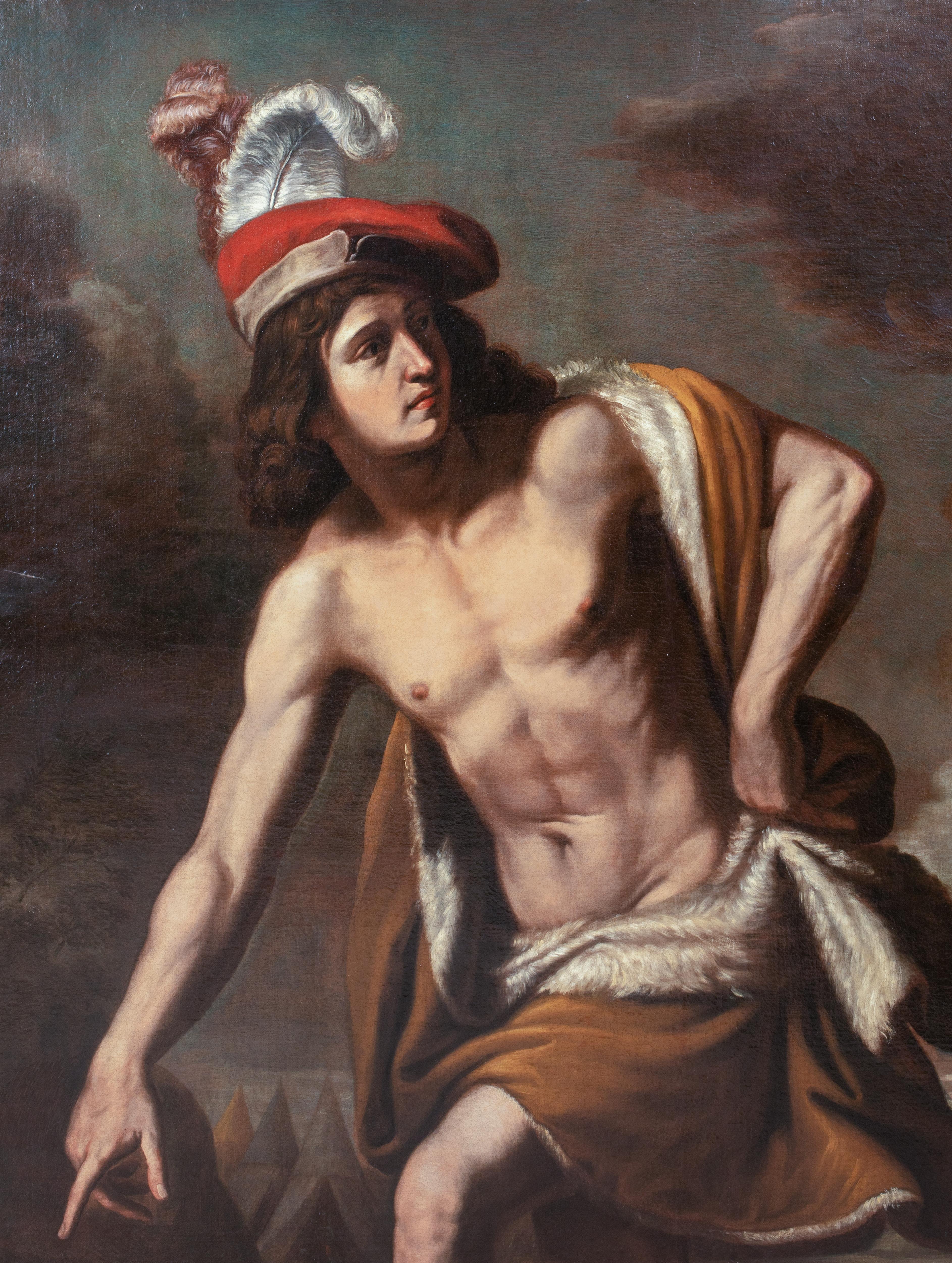 David & the Head Of Goliath, 17th Century 

after GUERCINO (1591-1666)

Huge 17th Century Italian Old Master of David after defeating Goliath, oil on canvas. Excellent quality and condition circa 1650 Italian depiction of David with the camp in the