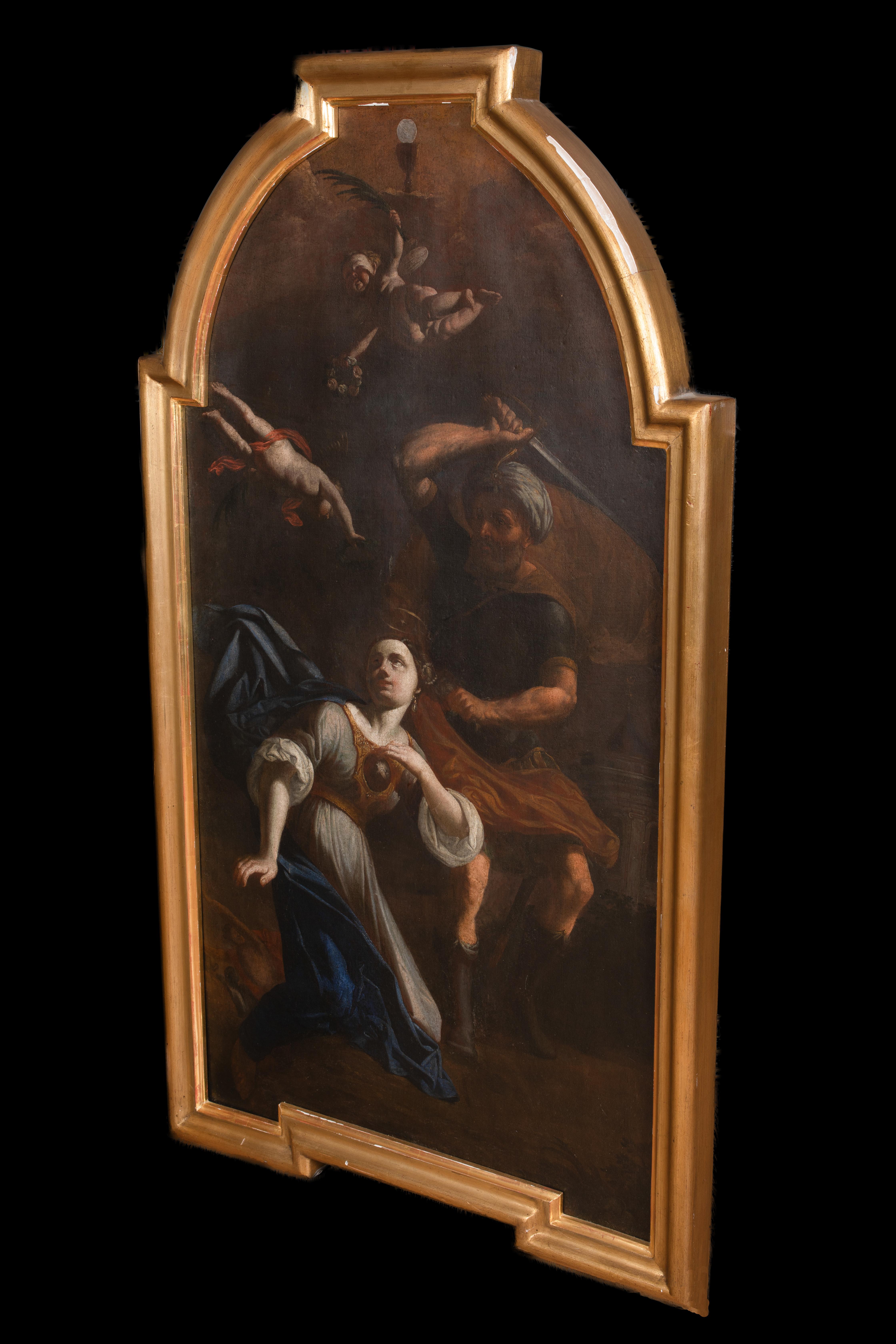 El martirio de Santa Bárbara, siglo XVII  ESCUELA DEL GUERCINO (1581-1666) - Painting de Giovanni Francesco Barbieri (Il Guercino)