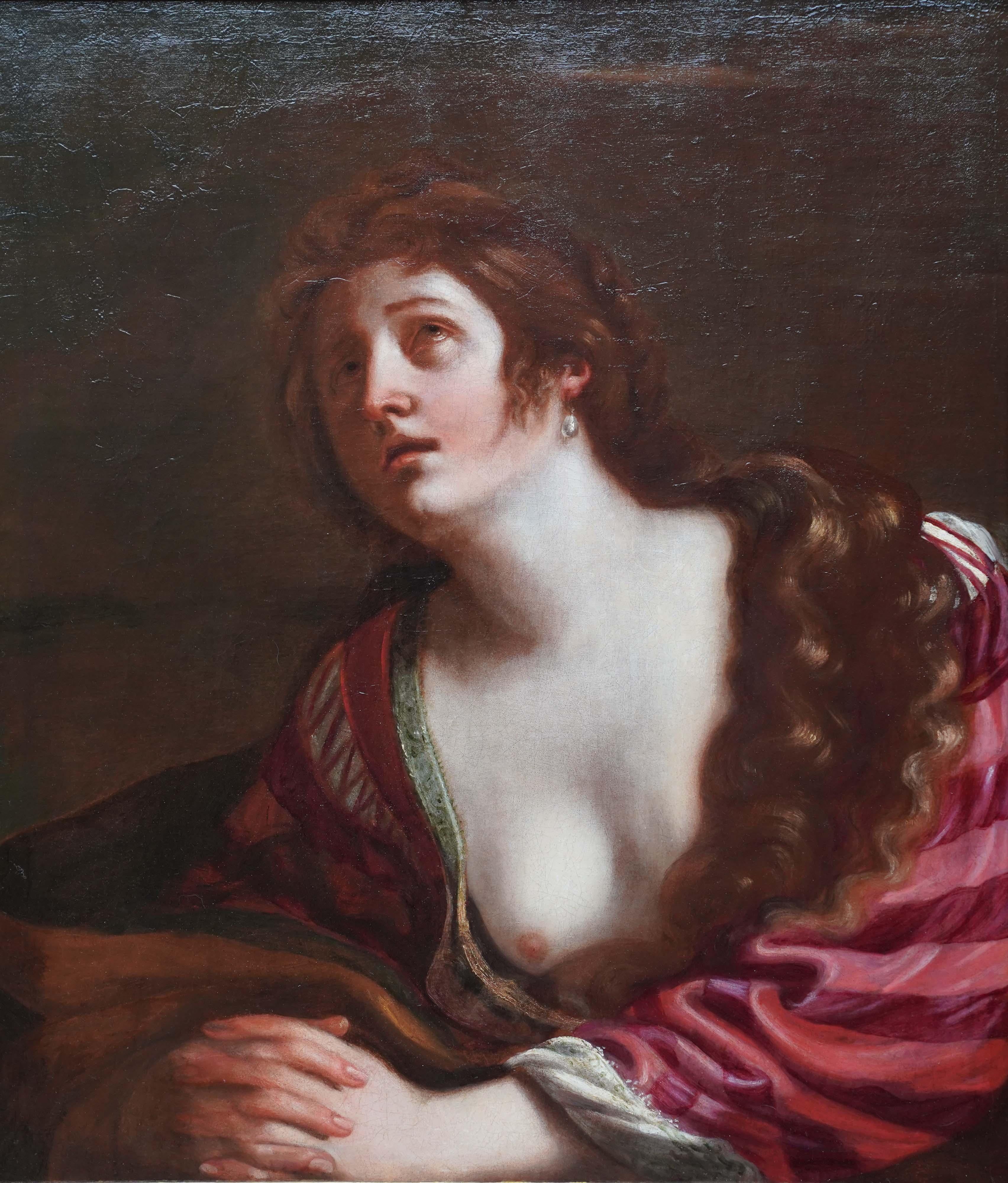 The Penitent Magdalene - Italian Baroque Old Master art portrait oil painting - Painting by Giovanni Francesco Barbieri (Il Guercino)