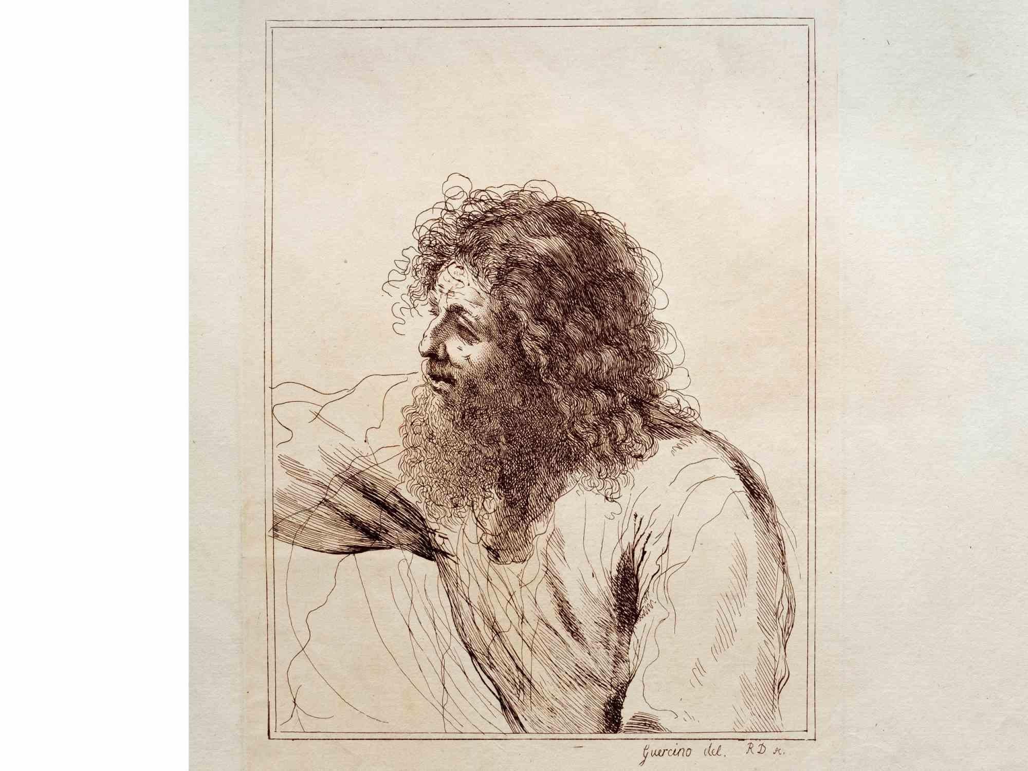 Portrait of Man - Etching by Guercino - 17th Century - Old Masters Print by Giovanni Francesco Barbieri (Il Guercino)