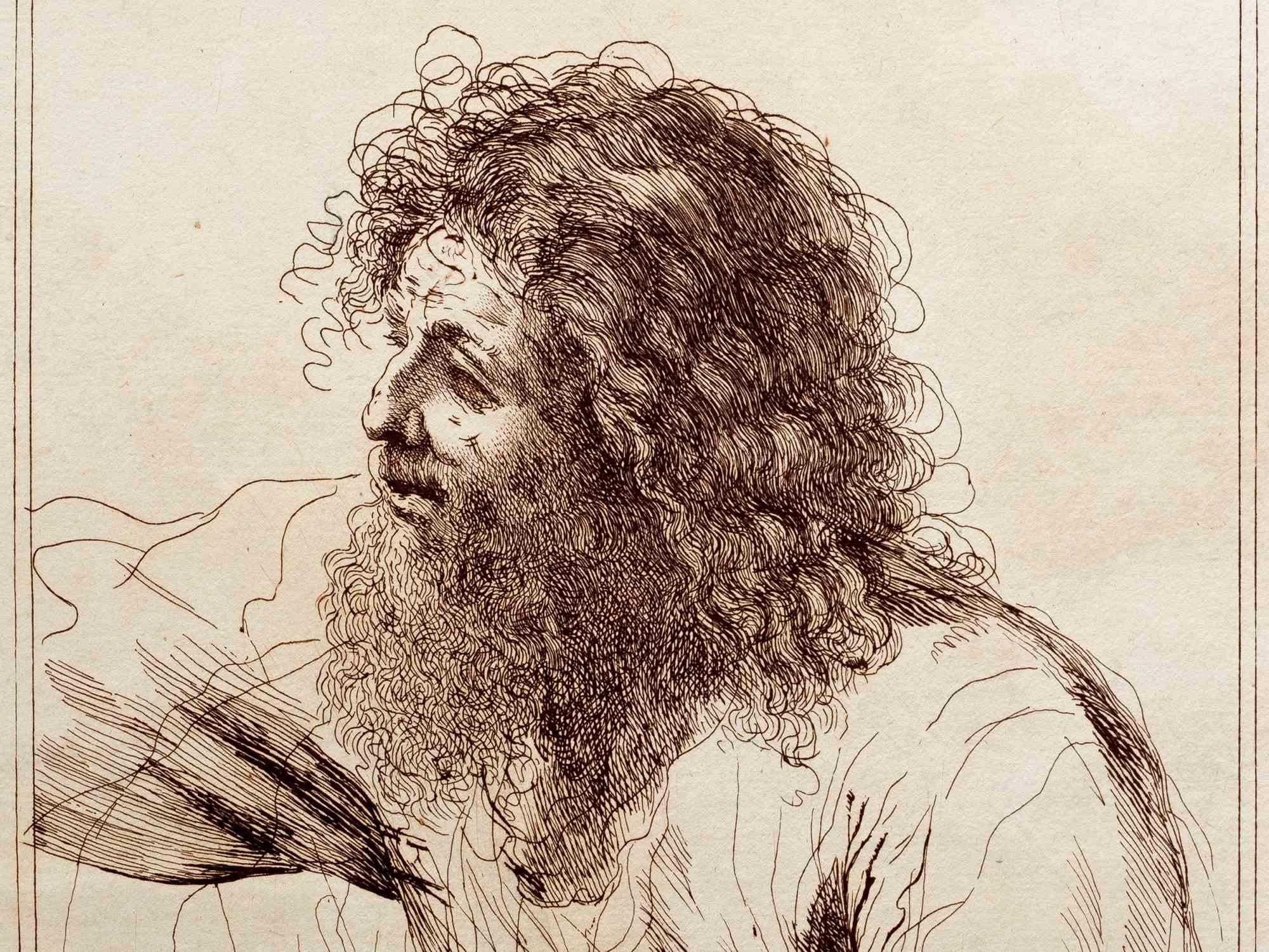 Portrait of Man is an old master artwork realized in 17th Century.

Black and white etching.

This artwork was realized  after a drawing by Giovanni Francesco Barberi, called Guercino.

Signature printed on plate on the lower margin.

Good condition