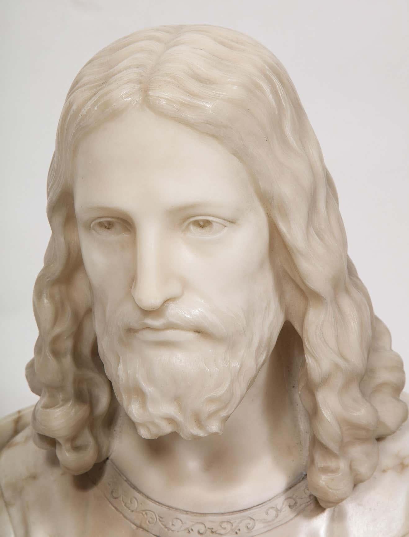 A magnificent Italian alabaster bust sculpture of Holy Jesus Christ by Guerrieri.  

Realistically carved in Italy in the 19th century, a very powerful bust that would fit any home, church, library or office.   

Signed to the back.  

Measures: 21