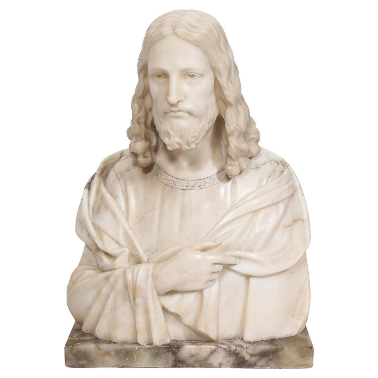Giovanni Francesco Guerrieri Figurative Sculpture - Magnificent 19th Century Italian Alabaster Bust Sculpture of Holy Jesus Christ