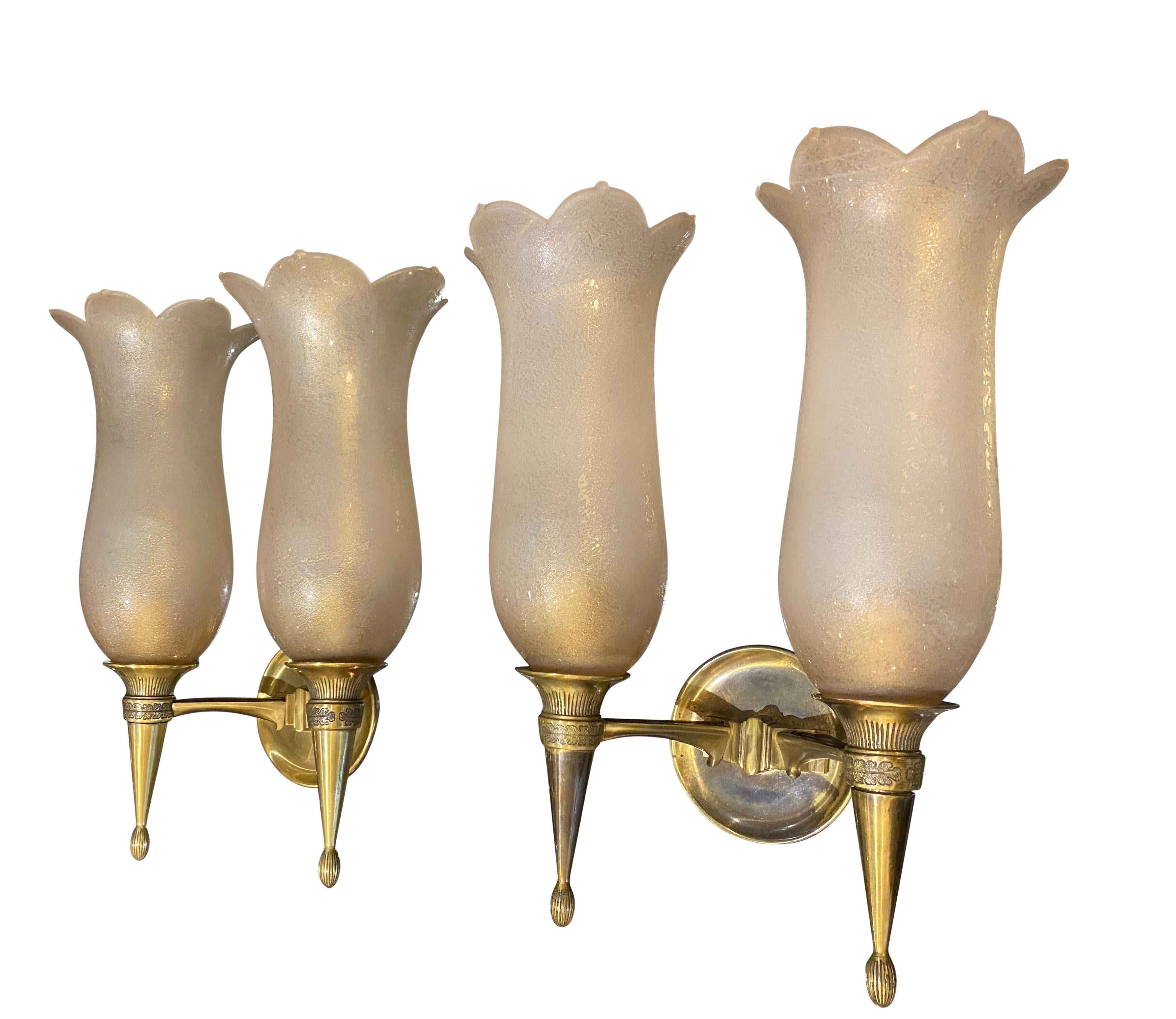 A rare pair of large wall sconces designed by Giovanni Gariboldi for Colli - made from gilded bronze & glasswork with golden inclusions by Archemide Seguso - Produced by Colli Co, Turin.

  