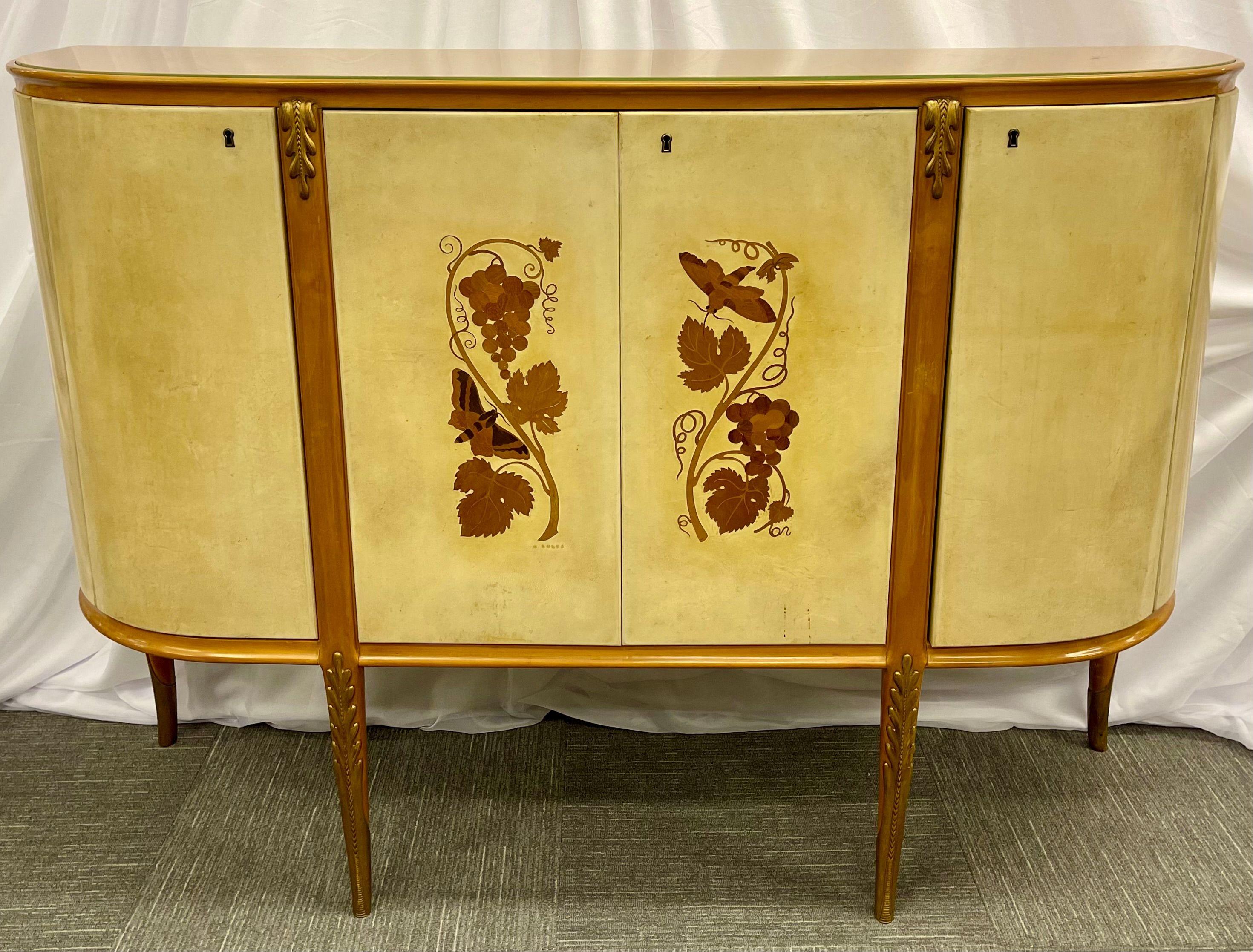 Giovanni Gariboldi Parchment Bar Cabinet, Paola Buffa Designed. French style Lacquered Goatskin Demi Lune Bar Cabinet. Lacquered façade with inlaid wood grapes, vine and butterfly design. The case with a fully finished interior having mirrored sides