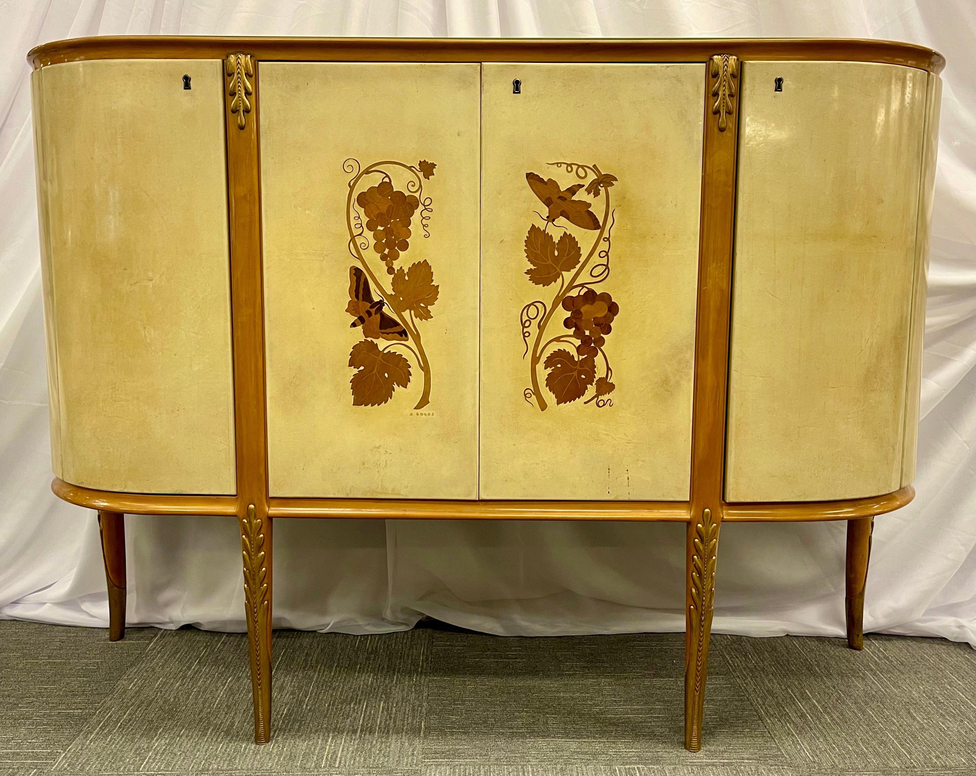 Mid-Century Modern Giovanni Gariboldi Parchment Bar Cabinet, Sideboard, Paolo Buffa, Italian For Sale