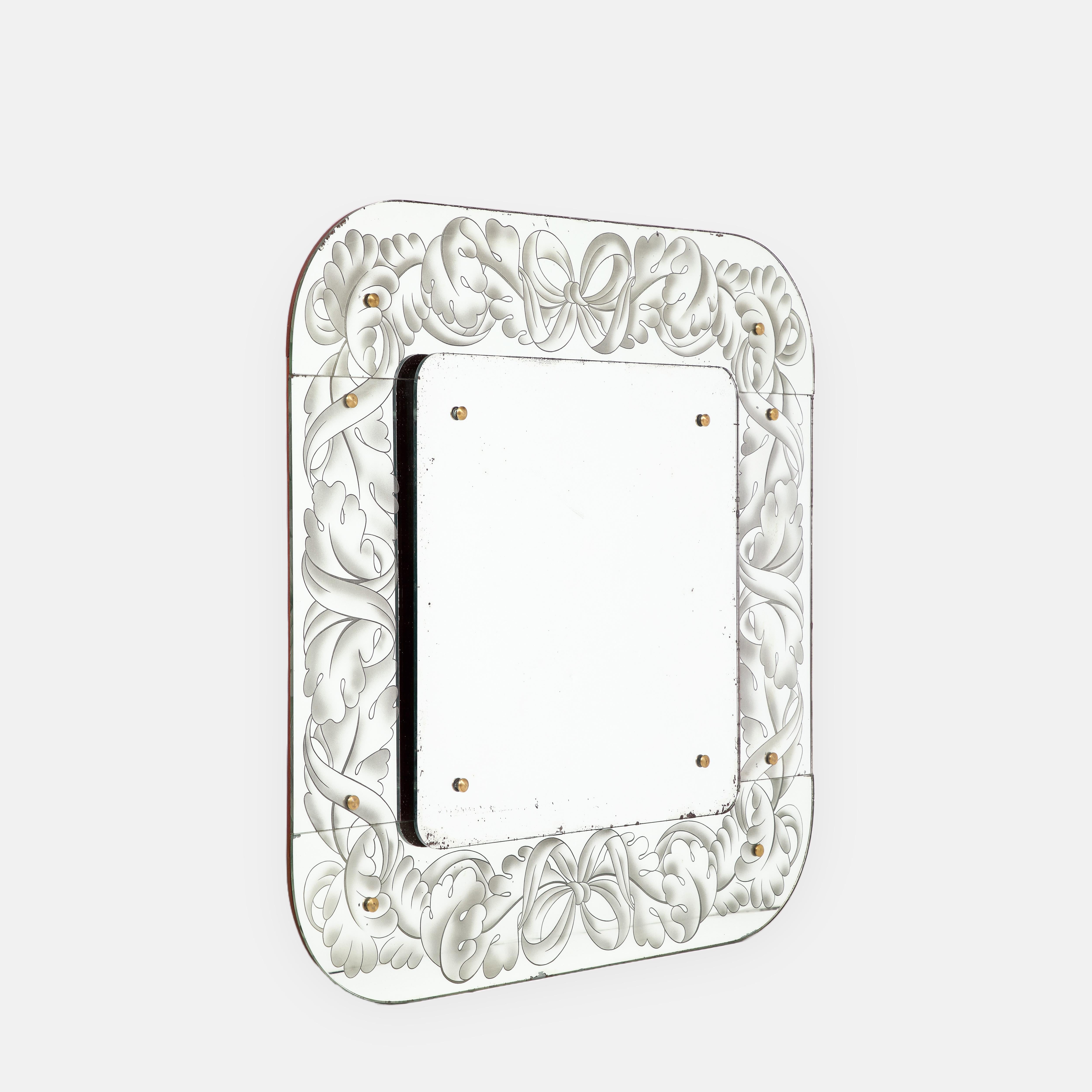 Giovanni Gariboldi rare original square etched glass wall mirror with rounded corners, Italy, 1940s.  This exquisite intricately etched mirror is comprised of 2 assembled mirrored glass parts - the central square mirror is mounted on the larger