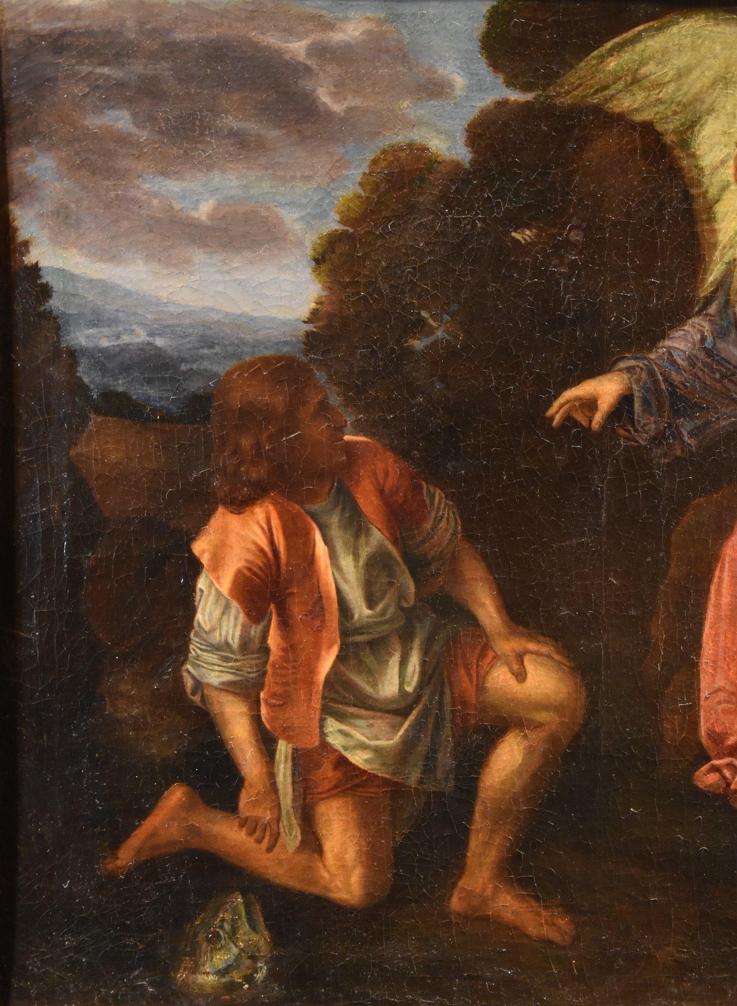 Toby Angel Savoldo Religiöse Gemälde, Öl auf Leinwand, Alter Meister, 17./18. Jahrhundert (Braun), Landscape Painting, von Giovanni Gerolamo Savoldo (Brescia 1480 - 1548)