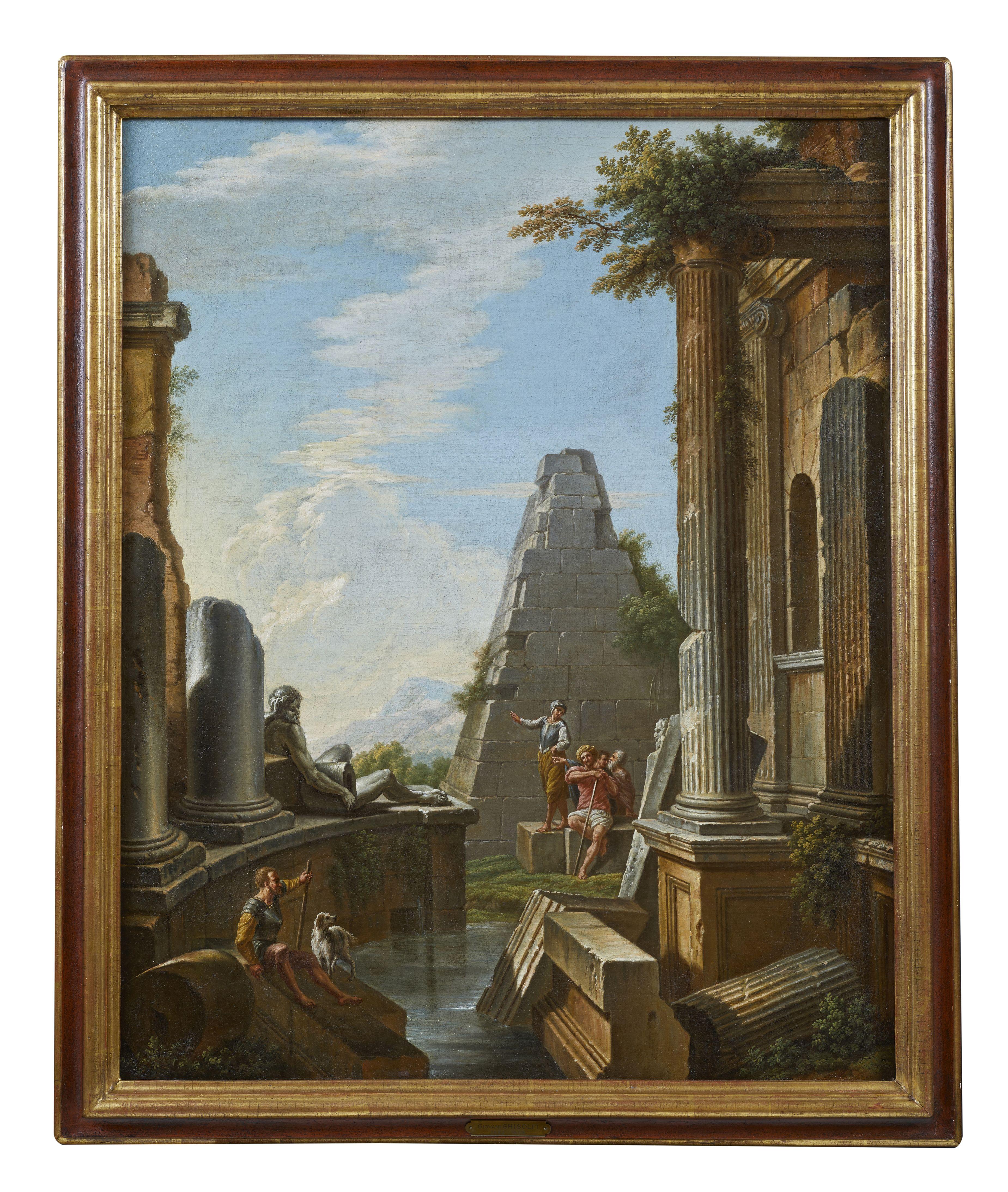 17th Century Landscapes with Ruins Giovanni Ghisolfi Capricci Oil on Canvas Blue For Sale 1