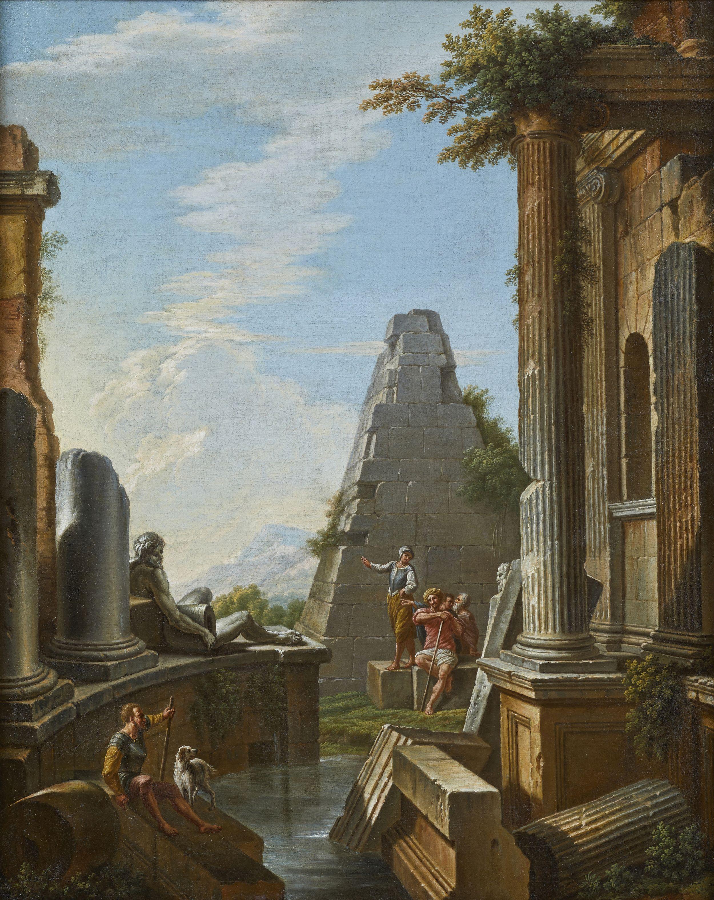17th Century Landscapes with Ruins Giovanni Ghisolfi Capricci Oil on Canvas Blue For Sale 2