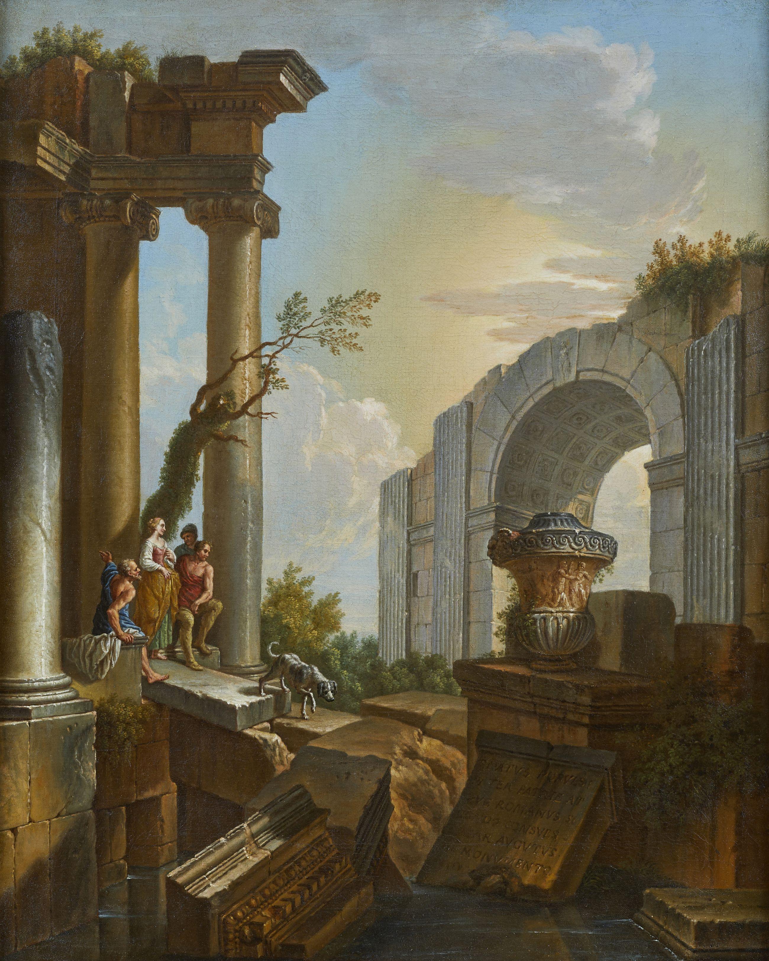 17th Century Landscapes with Ruins Giovanni Ghisolfi Capricci Oil on Canvas Blue For Sale 7
