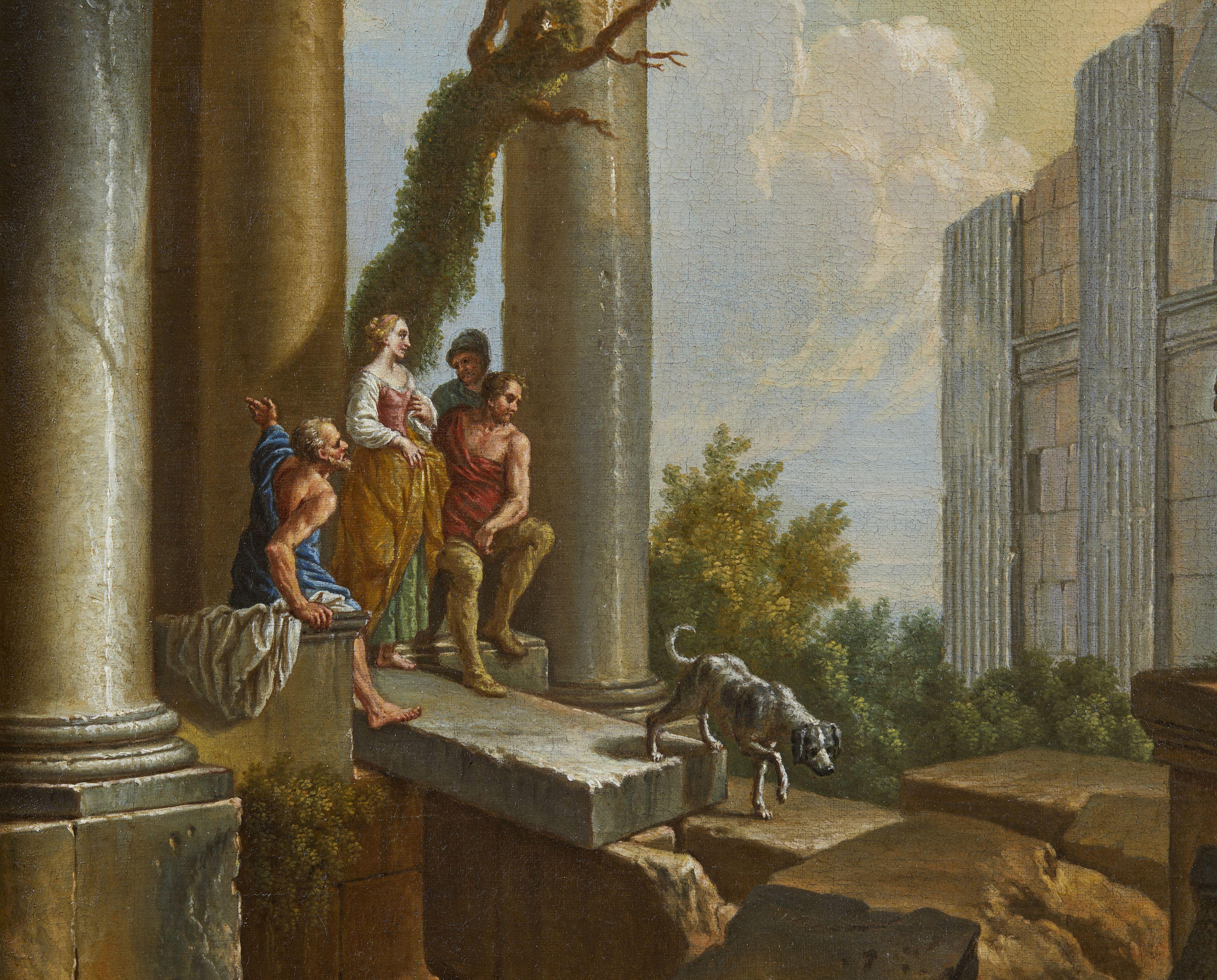17th Century Landscapes with Ruins Giovanni Ghisolfi Capricci Oil on Canvas Blue For Sale 8
