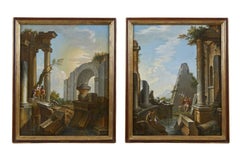 xVIIe siècle Paysages avec ruines Giovanni Ghisolfi Capricci Huile sur toile Bleu