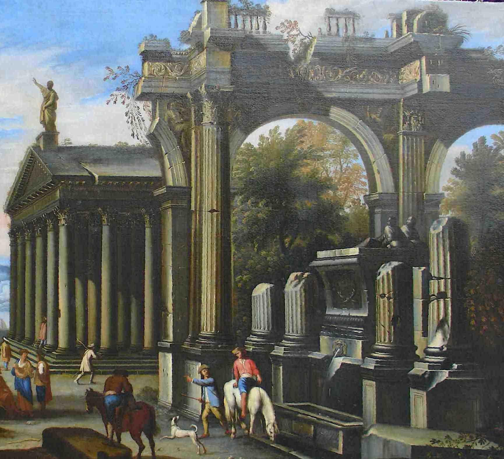 Capriccio - 17th Century Oil on Canvas Classical Architectural Ruins Painting 13