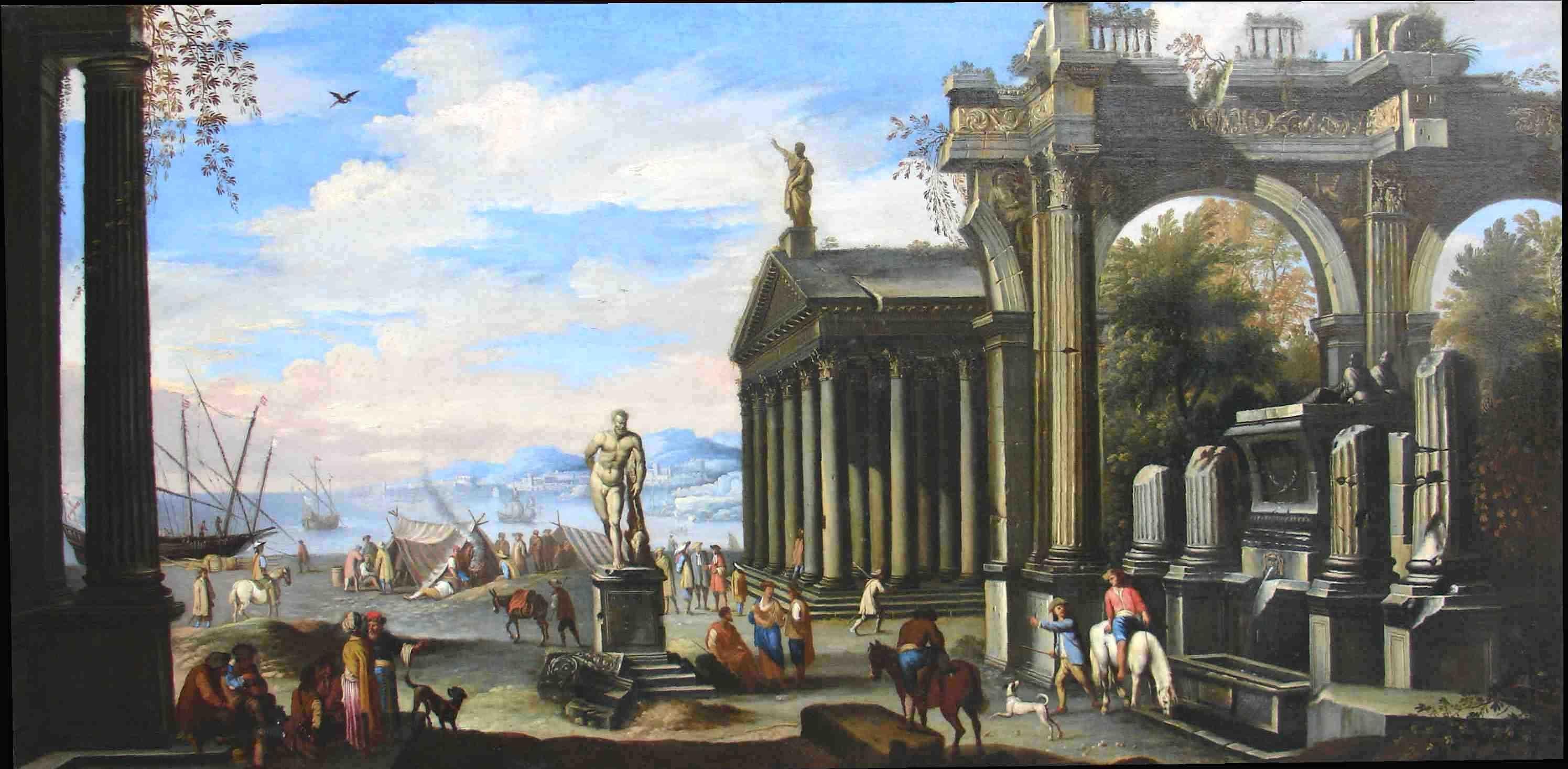 Capriccio - 17th Century Oil on Canvas Classical Architectural Ruins Painting - Brown Figurative Painting by Giovanni Ghisolfi